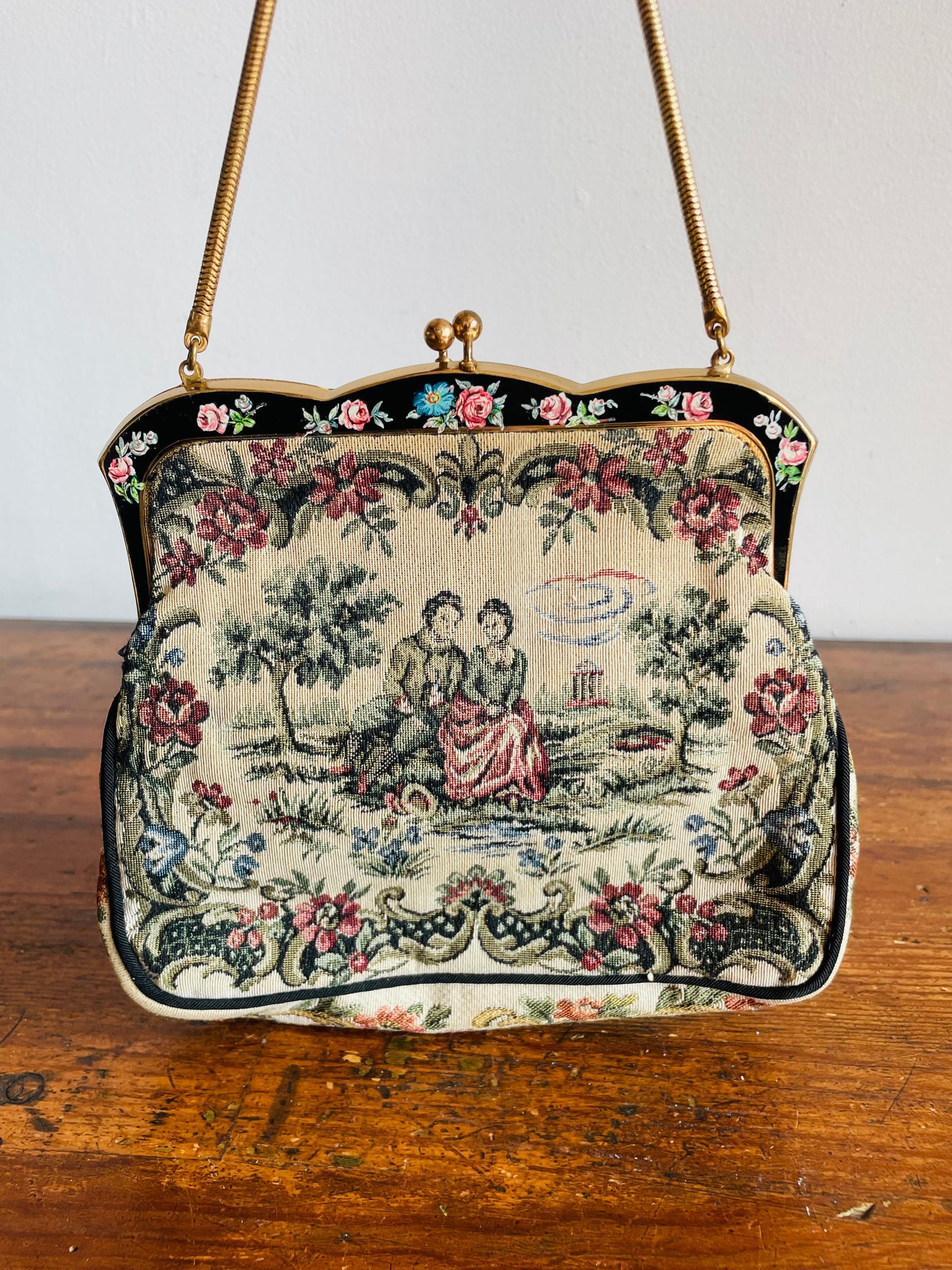 La Marquise Romantic French Tapestry Evening Bag Purse on Brass Chain