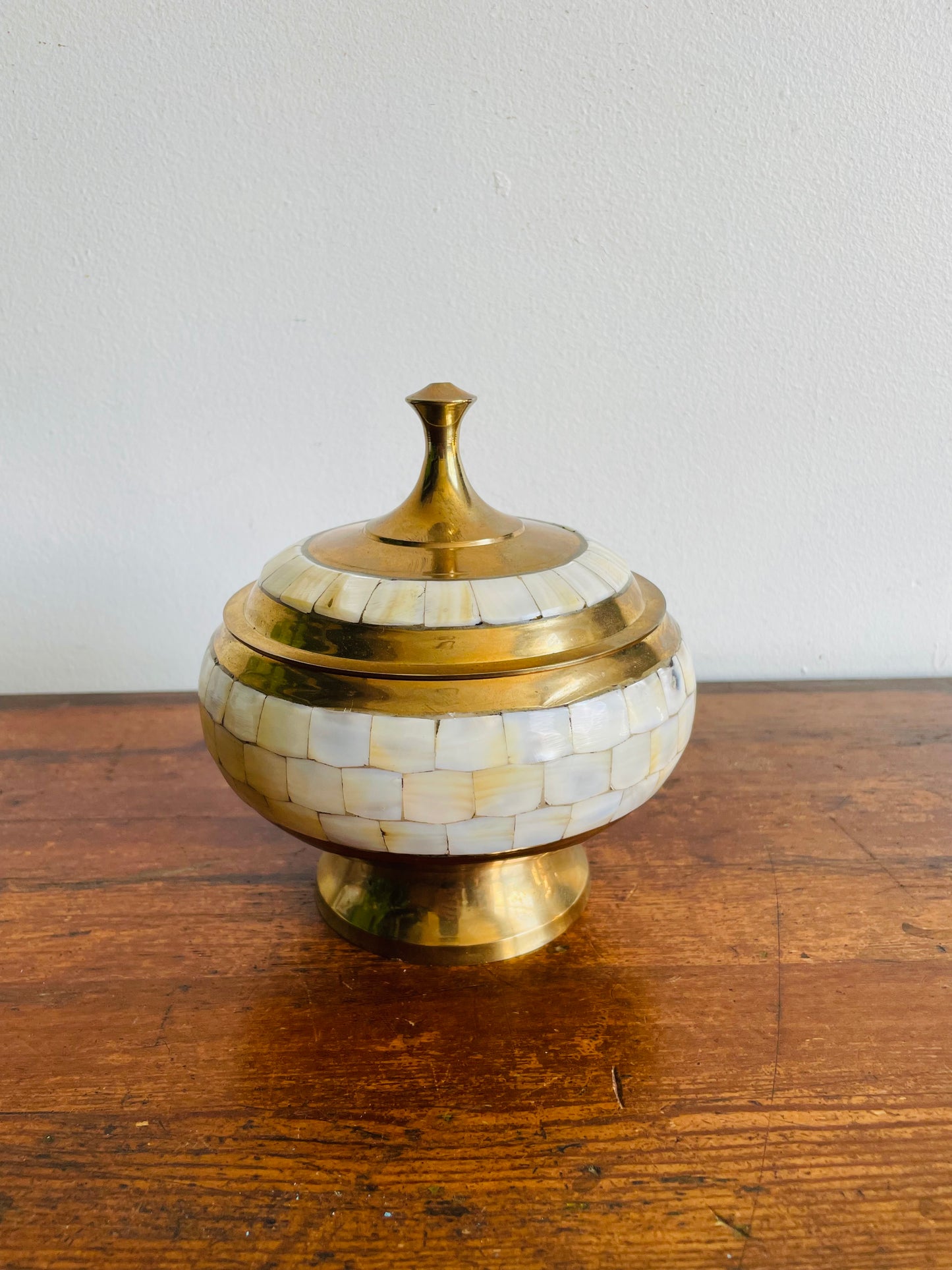 Beautiful Brass Pedestal Bowl with Lid & Inlaid Mother of Pearl Tiles