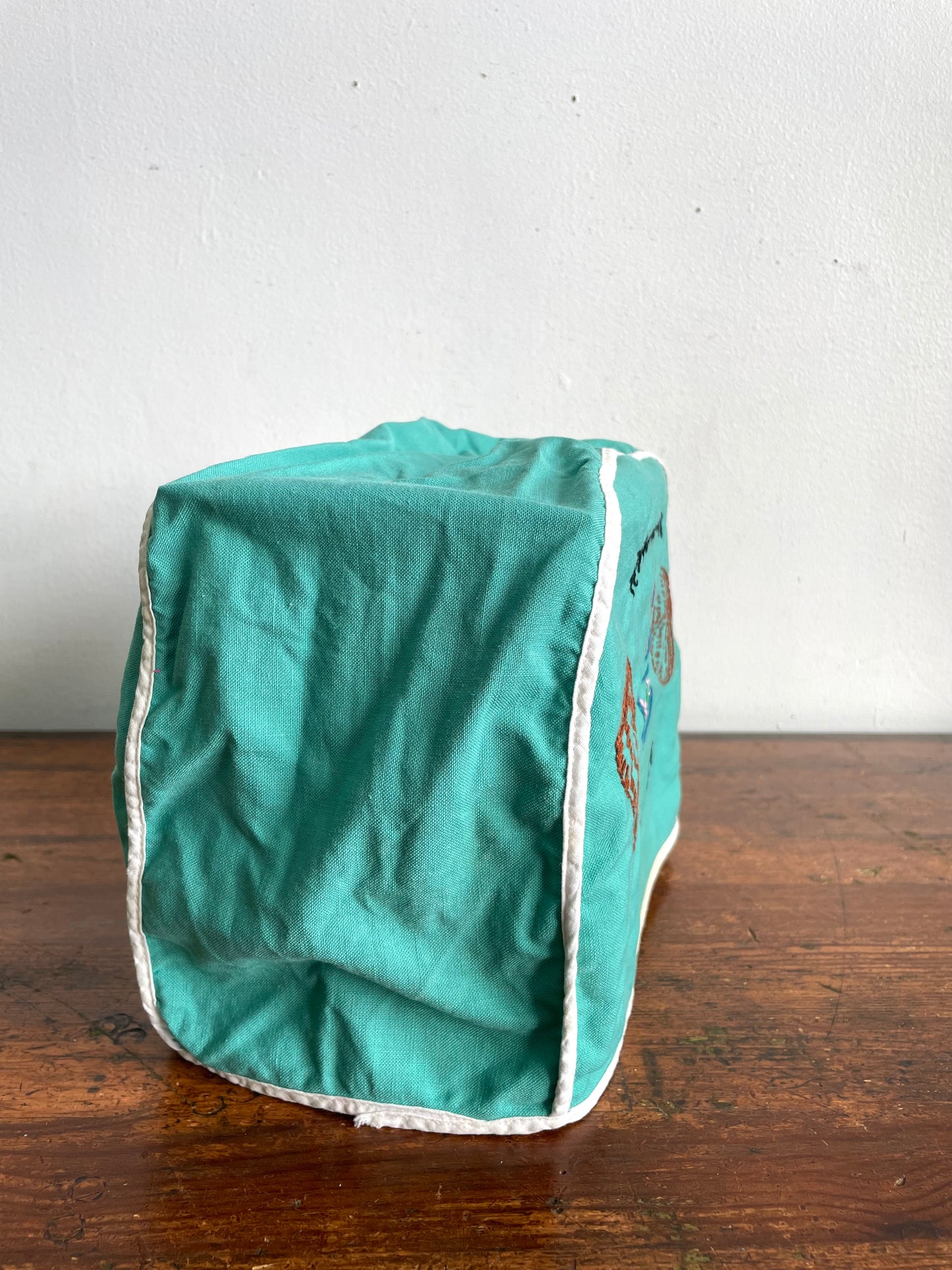 Vintage Handmade Needlepoint Embroidery Teal Green Toaster Cozy Cover with Adorable Graphics - Tea and Toast I Like Most