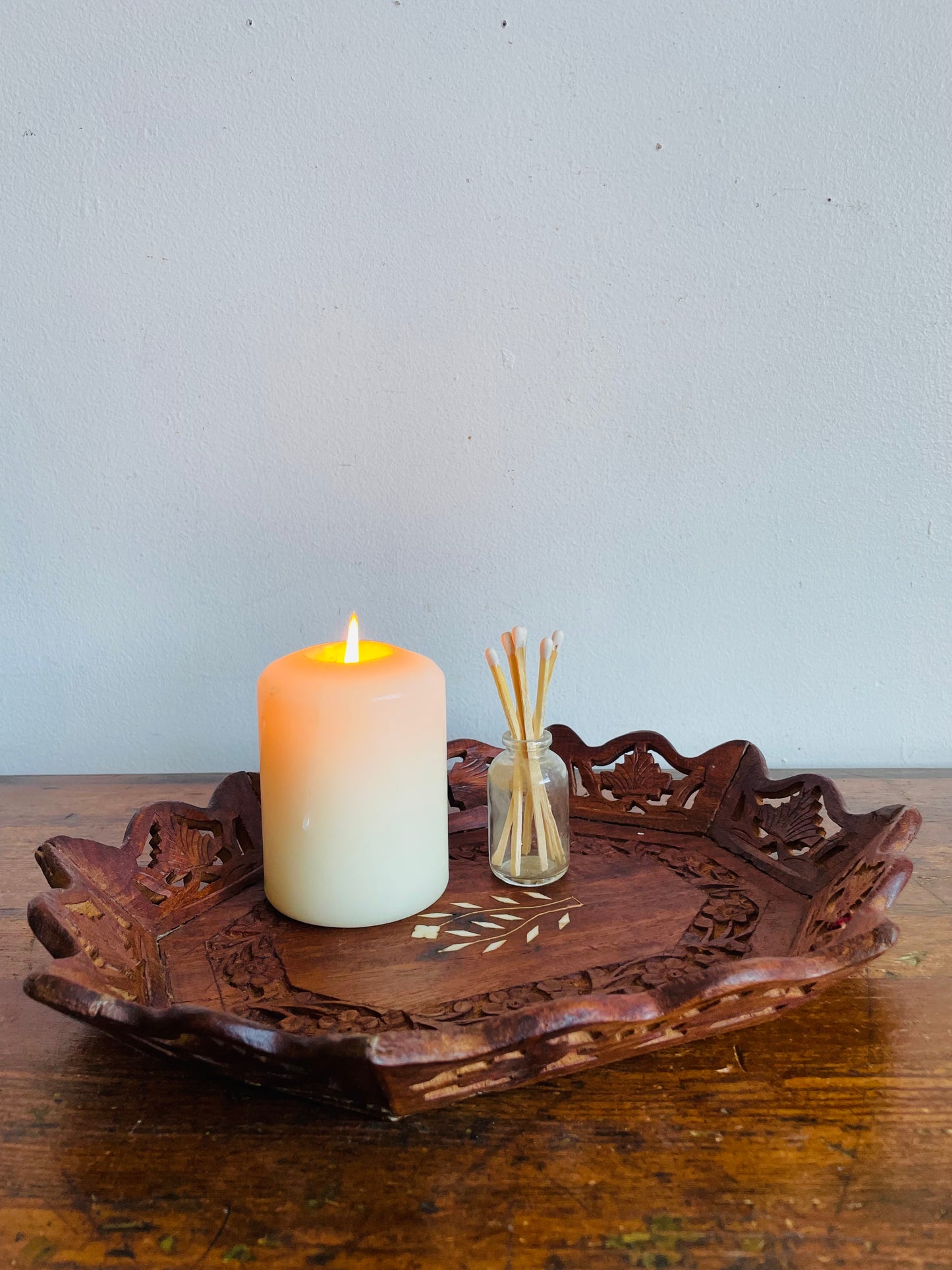 Vintage Carved Indian Rosewood Tray Dish with Inlay Design - Vanity, Bathroom, Jewellery, Candle, Etc.