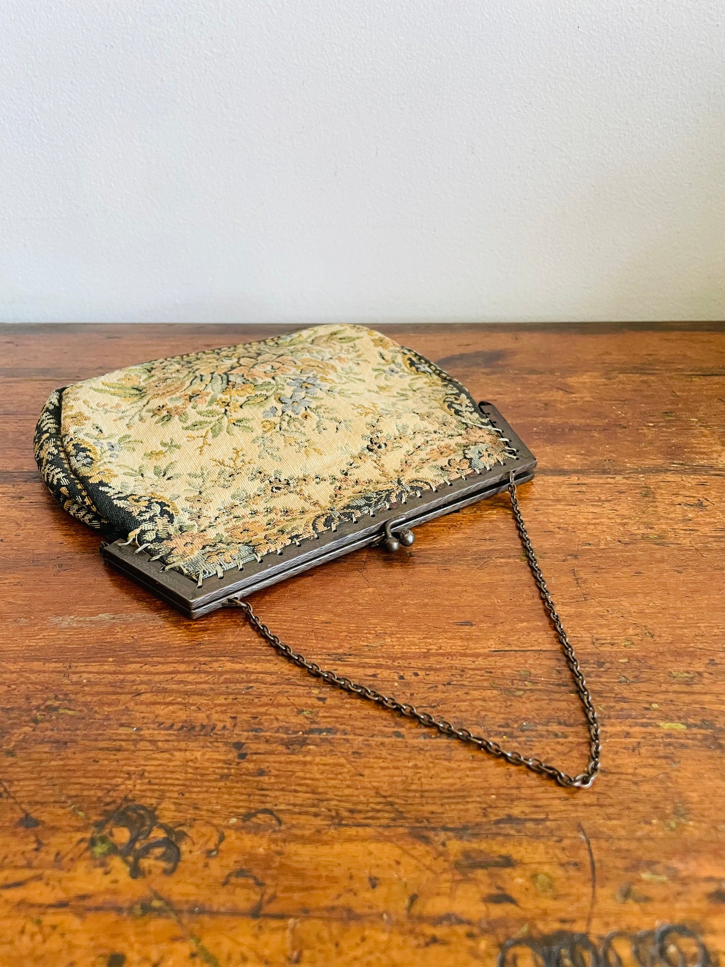 Antique French Floral Tapestry Clutch Purse on Chain - Made in France