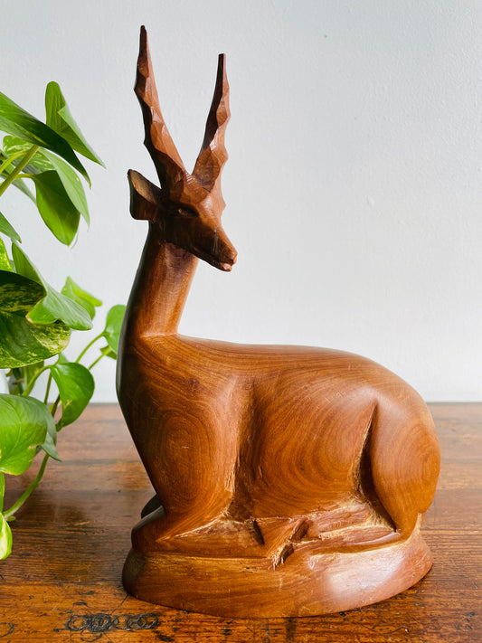 Mid-Century Modern Carved Teak Wood Resting Gazelle Sculpture Figurine