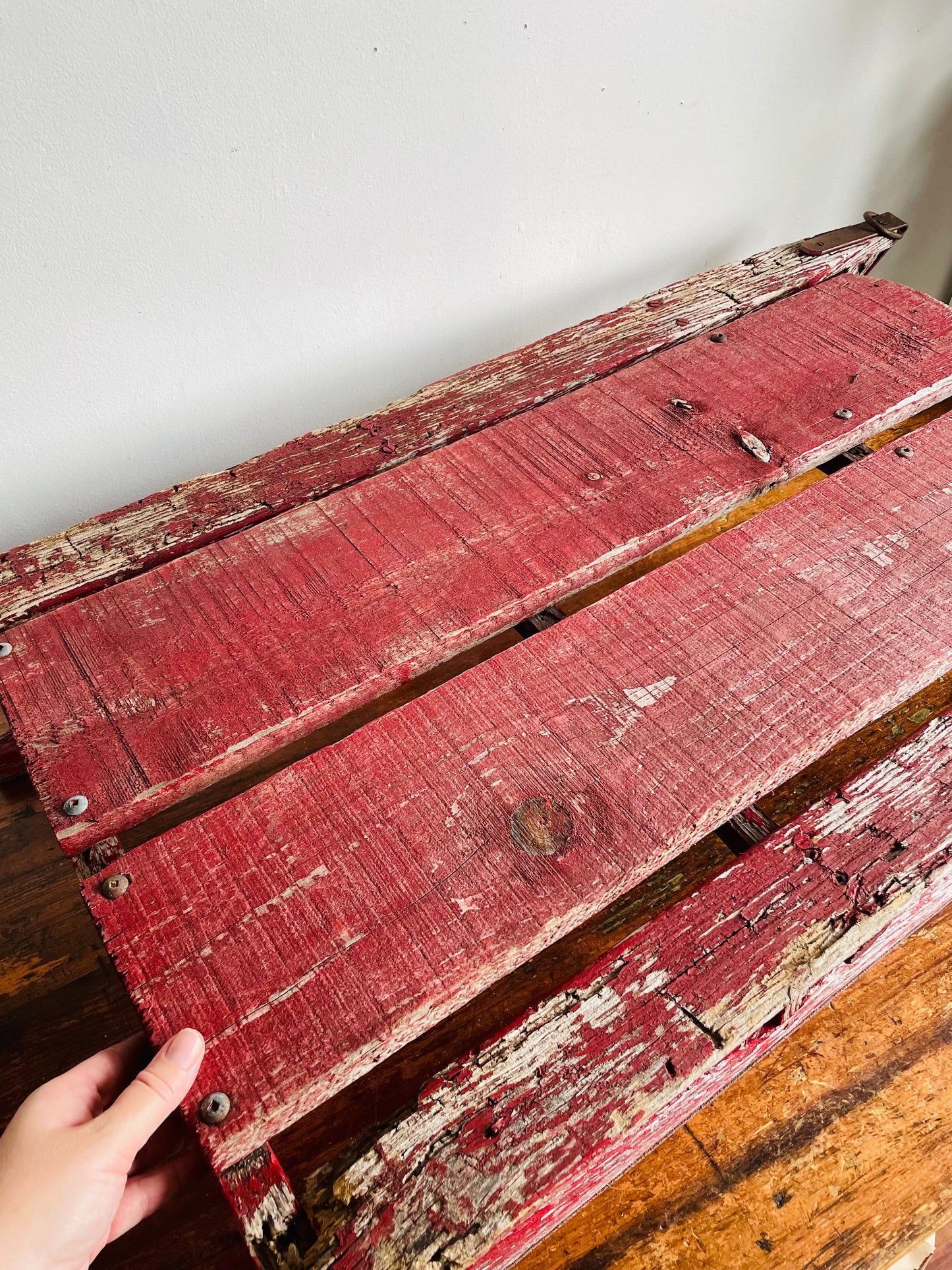 Vintage Rustic & Weathered Chippy Red Sled with Metal Runners & Hardware - Makes Great Porch Decor!