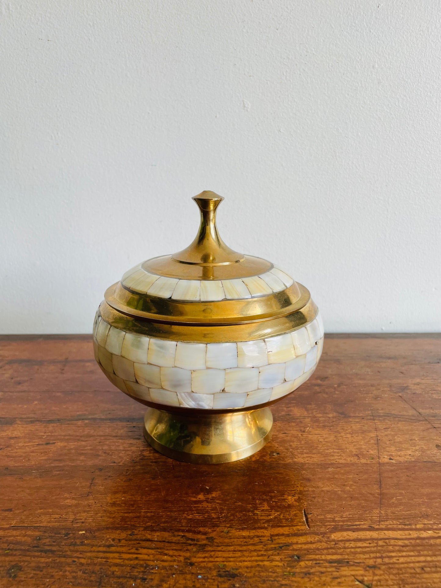 Beautiful Brass Pedestal Bowl with Lid & Inlaid Mother of Pearl Tiles