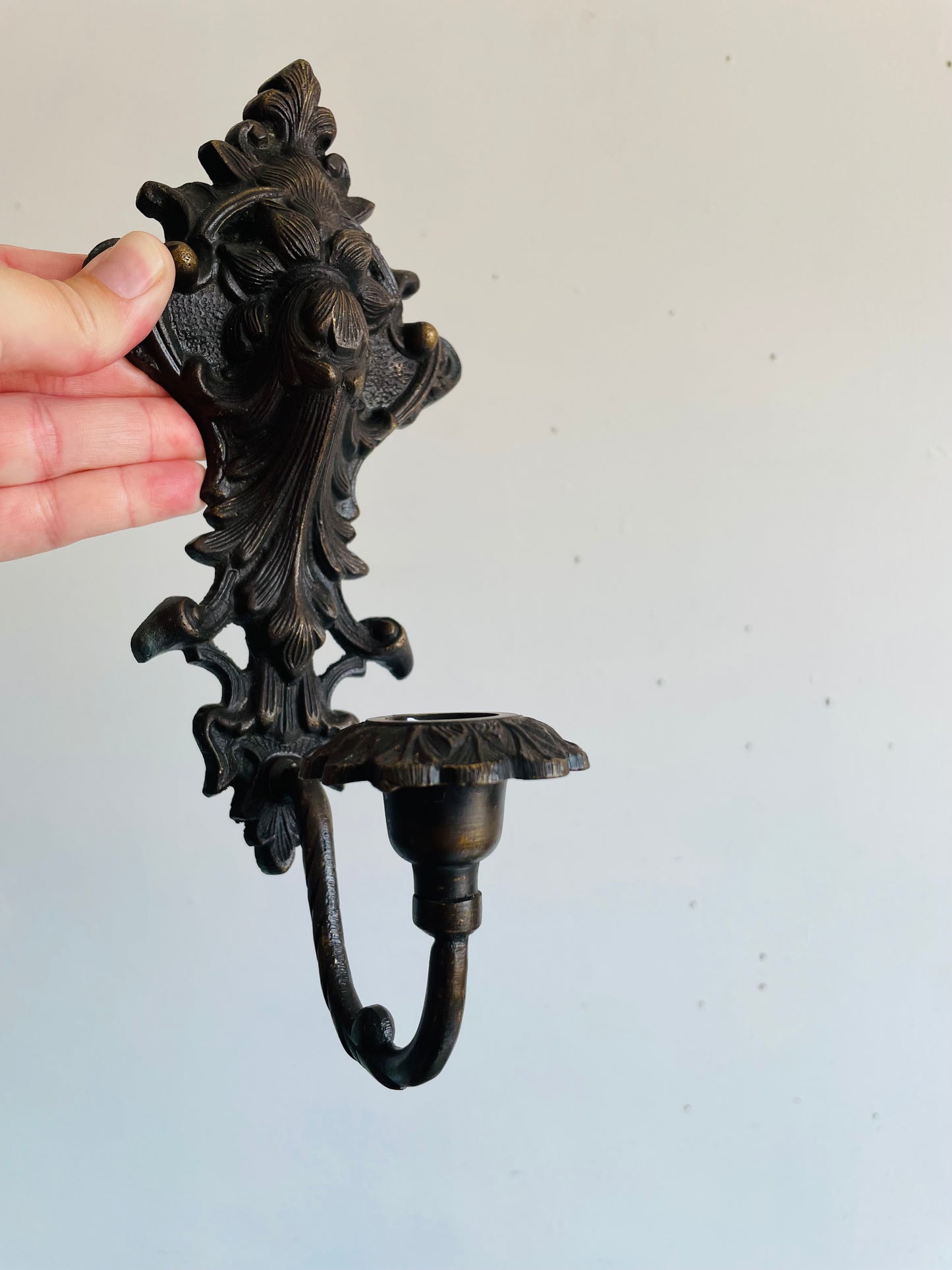 Vintage Ornate Cast Metal with Bronze Finish Wall Sconce Candle Holder