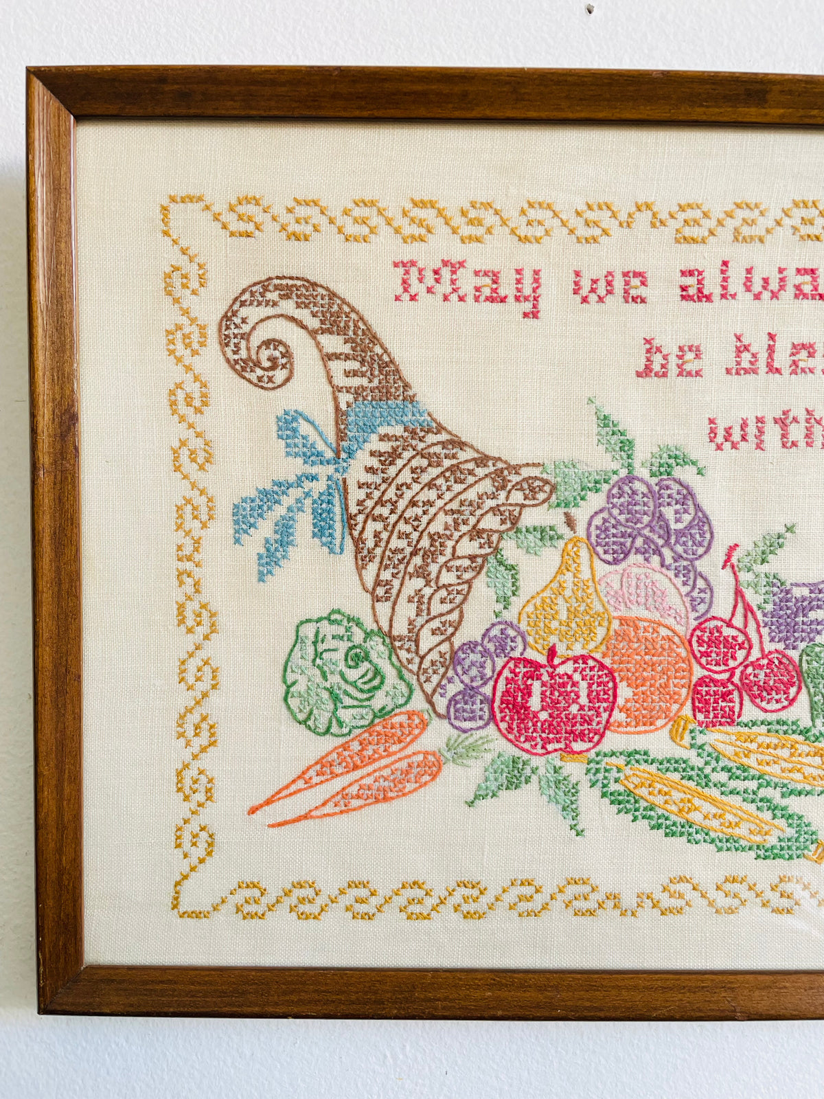 Vintage 1969 Cross Stitch Embroidery Picture - May We Always Be Blessed With Plenty - Made By “Granny Stebbel” at 80 Years Old