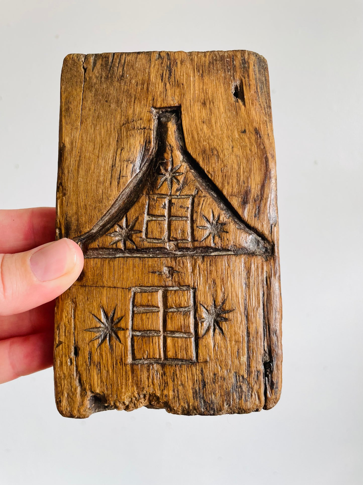 Vintage Hand Carved Wood Wall Plaque Picture of House With Chimney & Stars