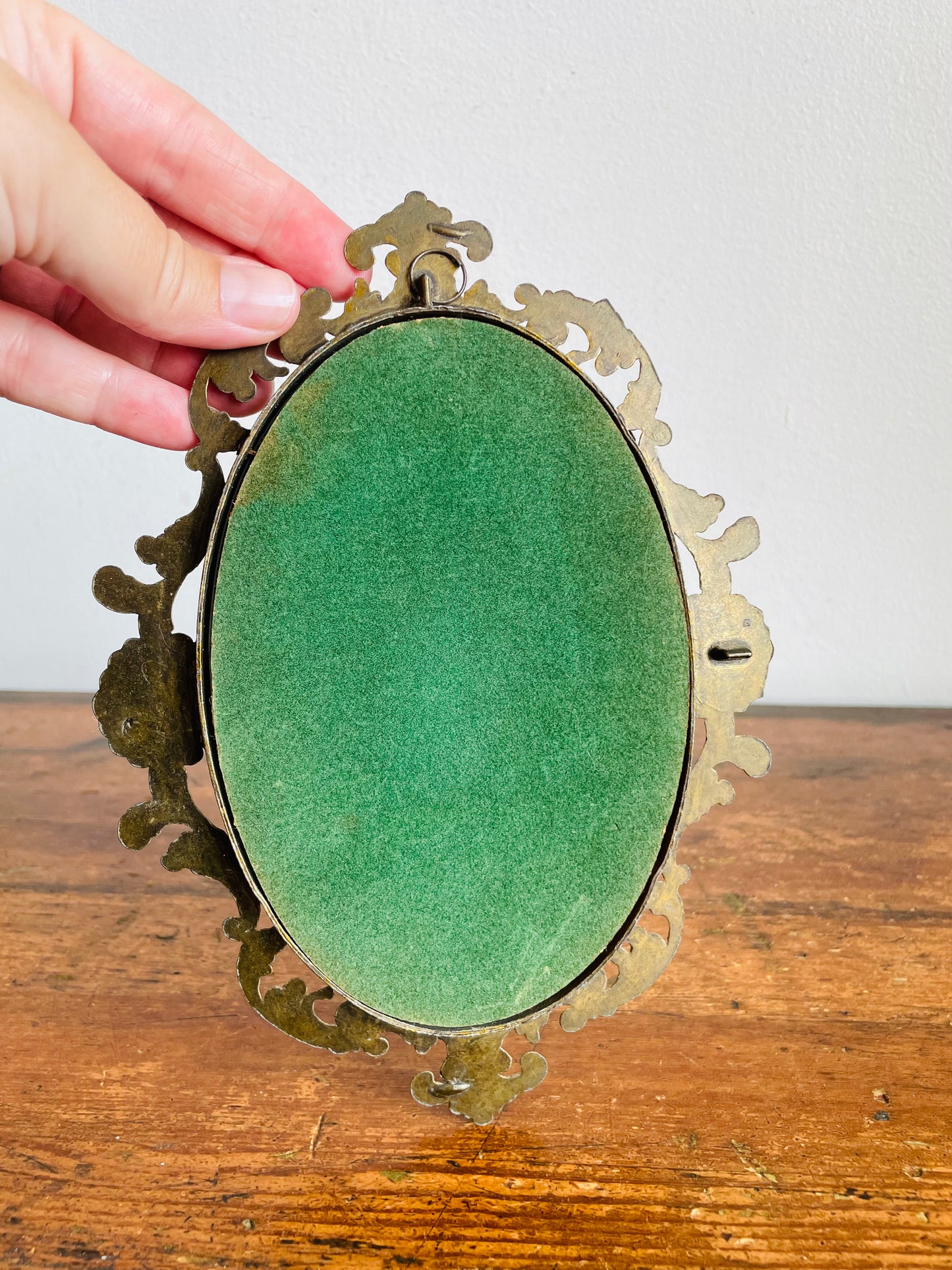 Vintage Oval Ornate Brass Picture Frame with Print of Woman Behind Convex Bubble Glass - Wall Hook for Hanging