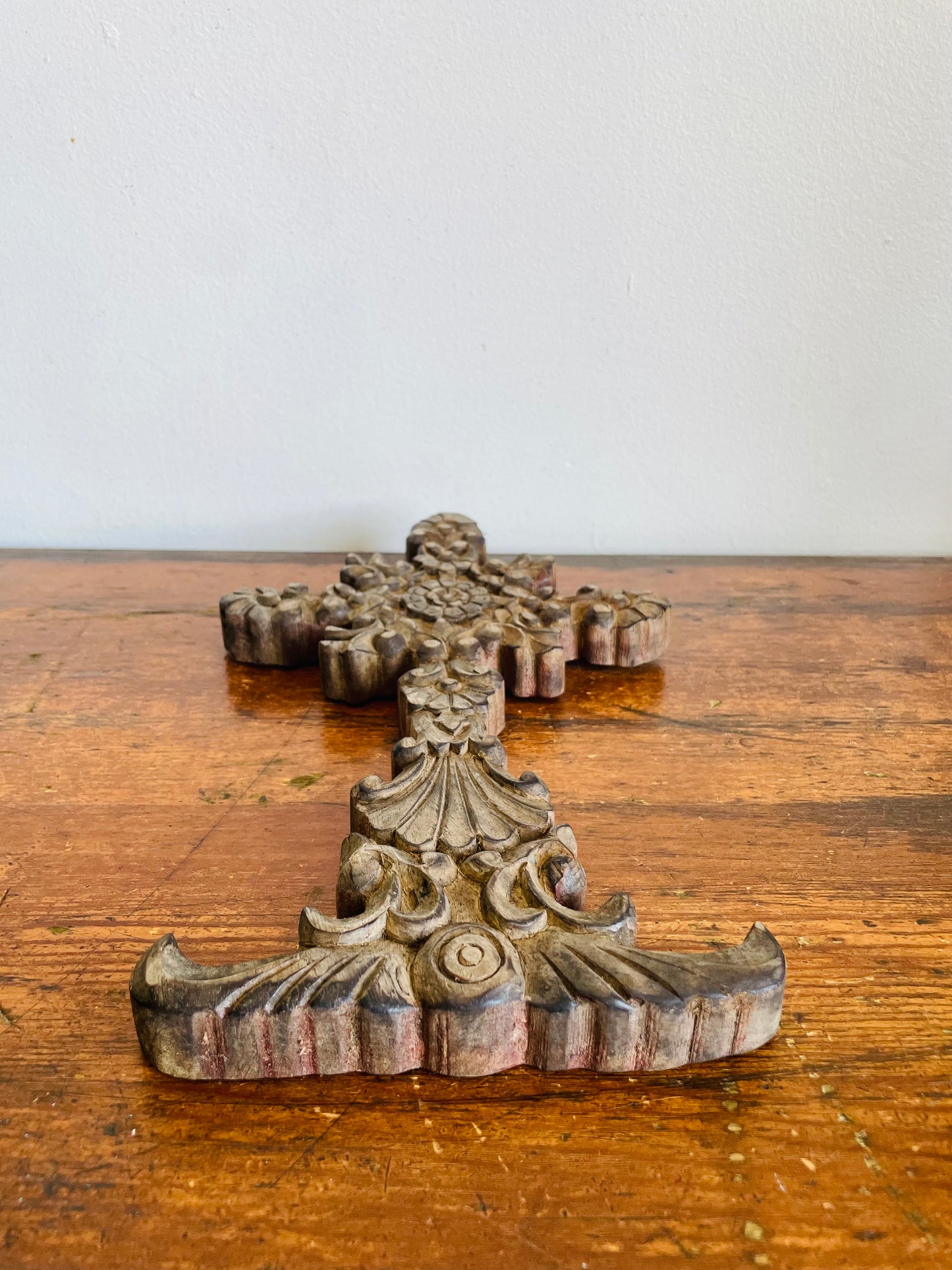 Vintage Carved Wood Wall Hanging Cross with Ornate Floral Design