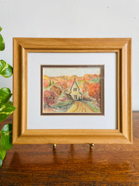 Vintage 1999 Original Art Watercolour Painting of Autumn Forest Scene with Gorgeous Fall Colours & Road Leading to Church - Artist Signed Roz