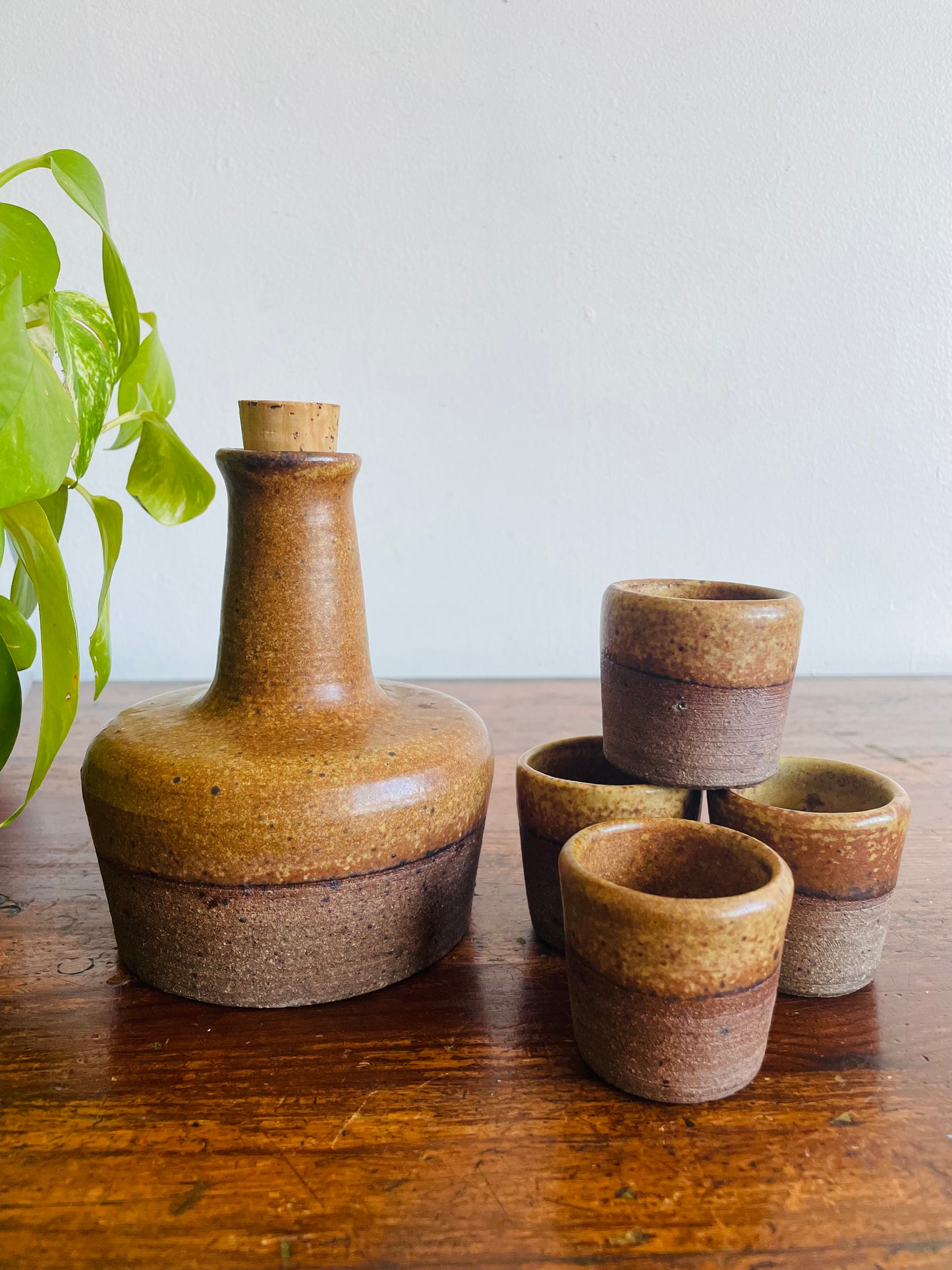 1971 Studio Art Pottery Speckled Brown Stoneware Liquor Decanter Set with 4 Shot Glasses