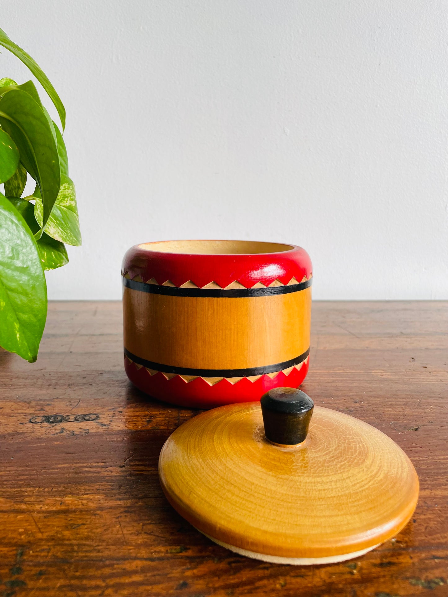 Eastern European Round Wooden Trinket Box with Lid & Handle