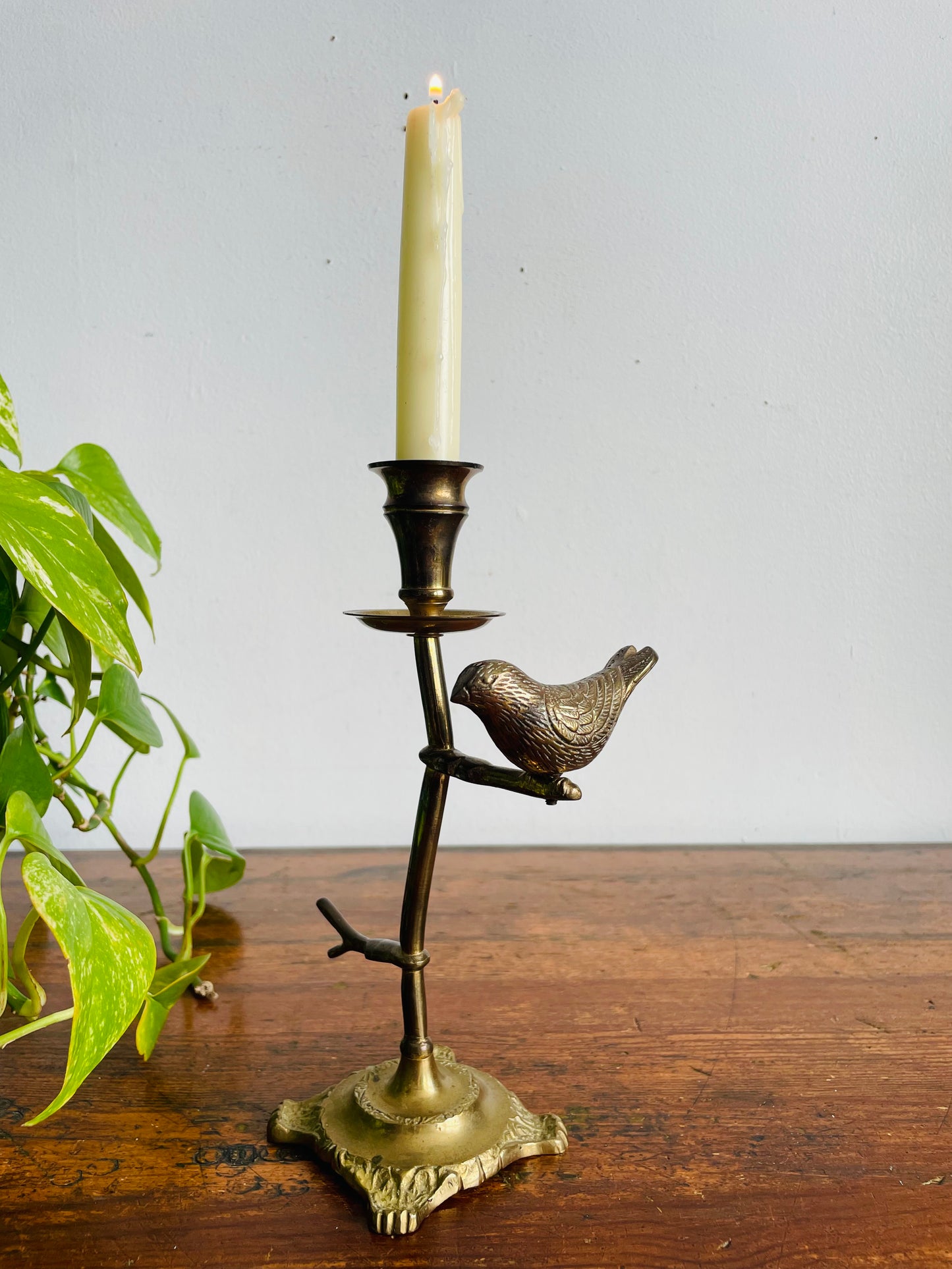 Vintage Solid & Heavy Brass Candle Holder with Branches & Perched Bird on Ornate Footed Base