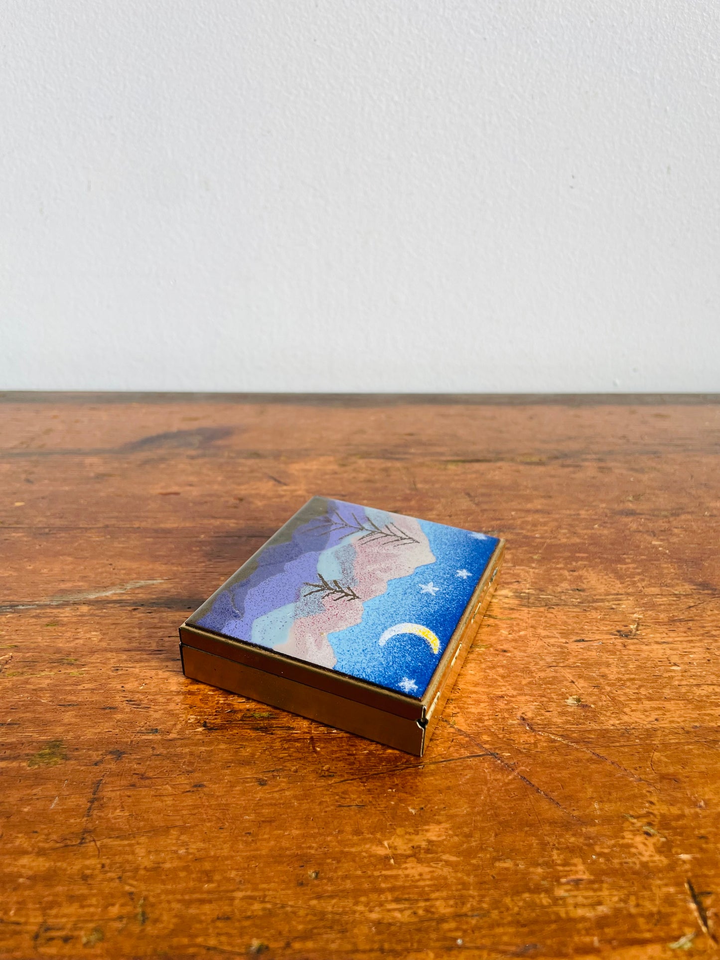 Vintage Brass & Enamel Travel Pocket Case with Divided Jewellery or Pill Organizer Compartment & Mirror - Snowy Winter Night Scene - Made in Vancouver Canada