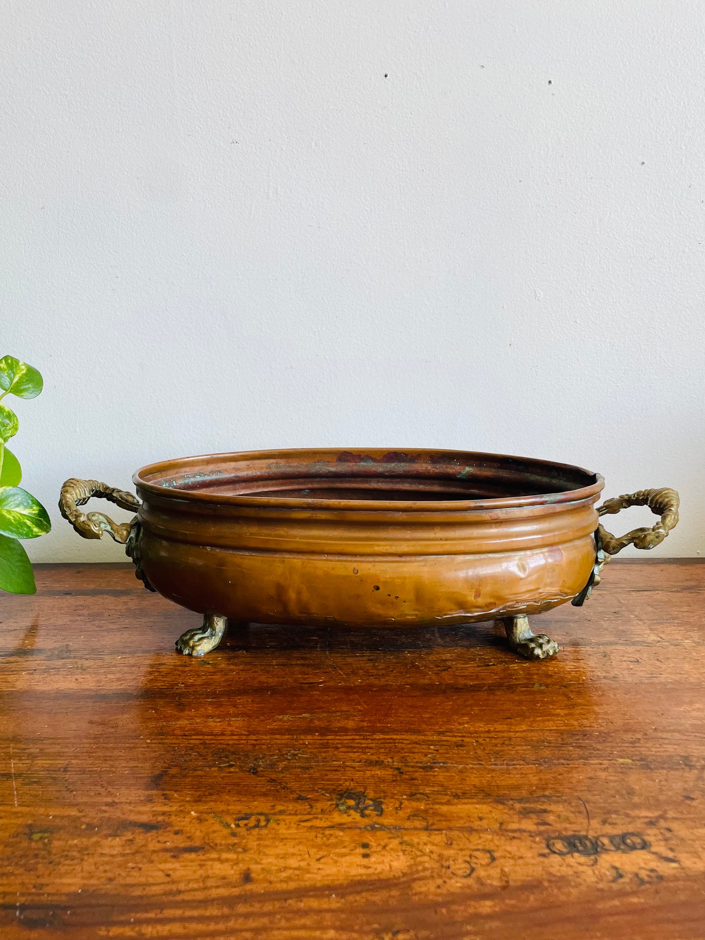 Antique Copper Jardiniere Planter Trough Pot Tub with Brass Lion Handles & Claw Feet
