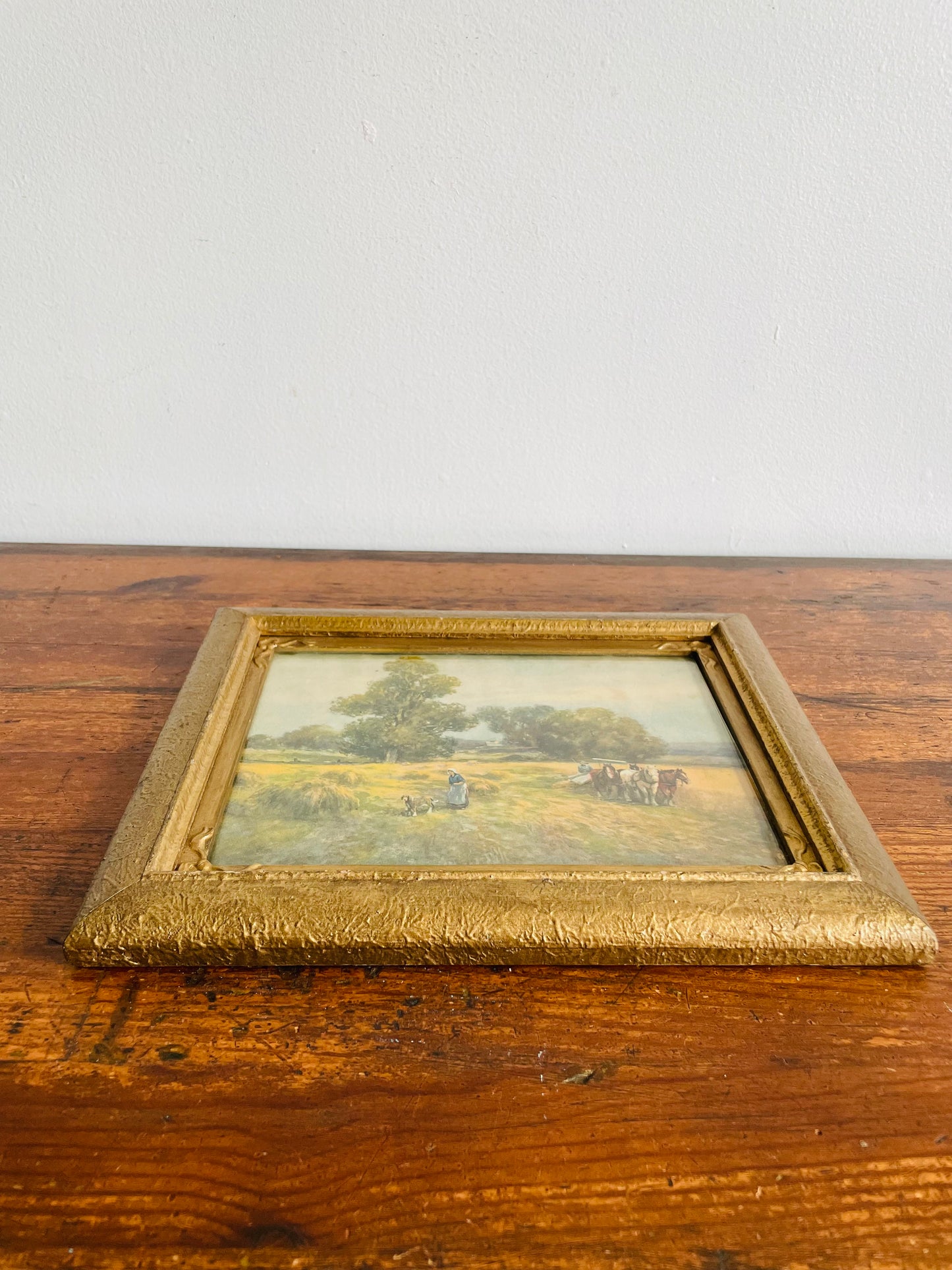 Framed Country Scene Print of People in Wheat Field with Dog & Plough Horses