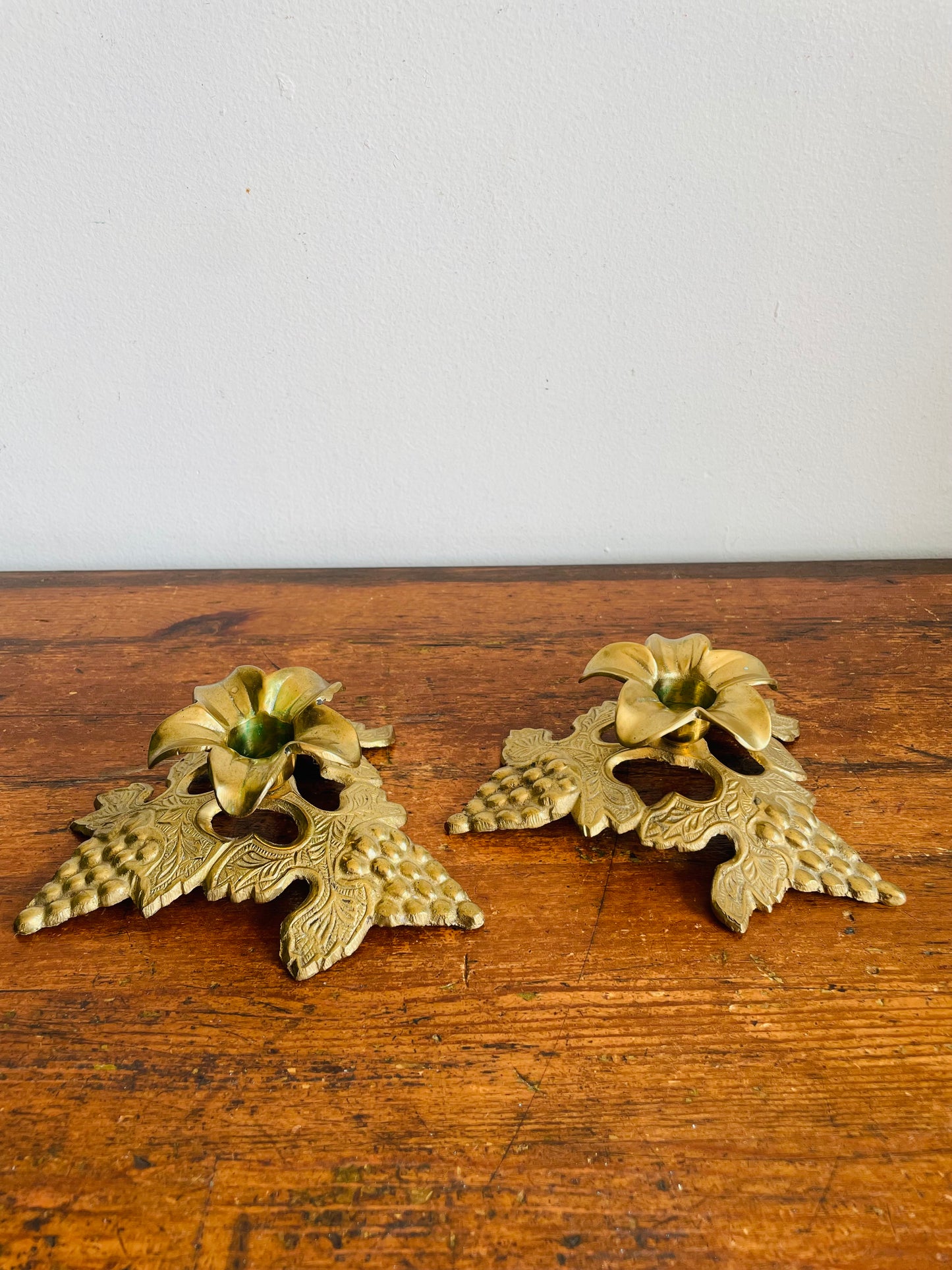 Vintage Solid Brass Candle Holders with Elaborate Grape & Leaf Design - Made in India - Set of 2