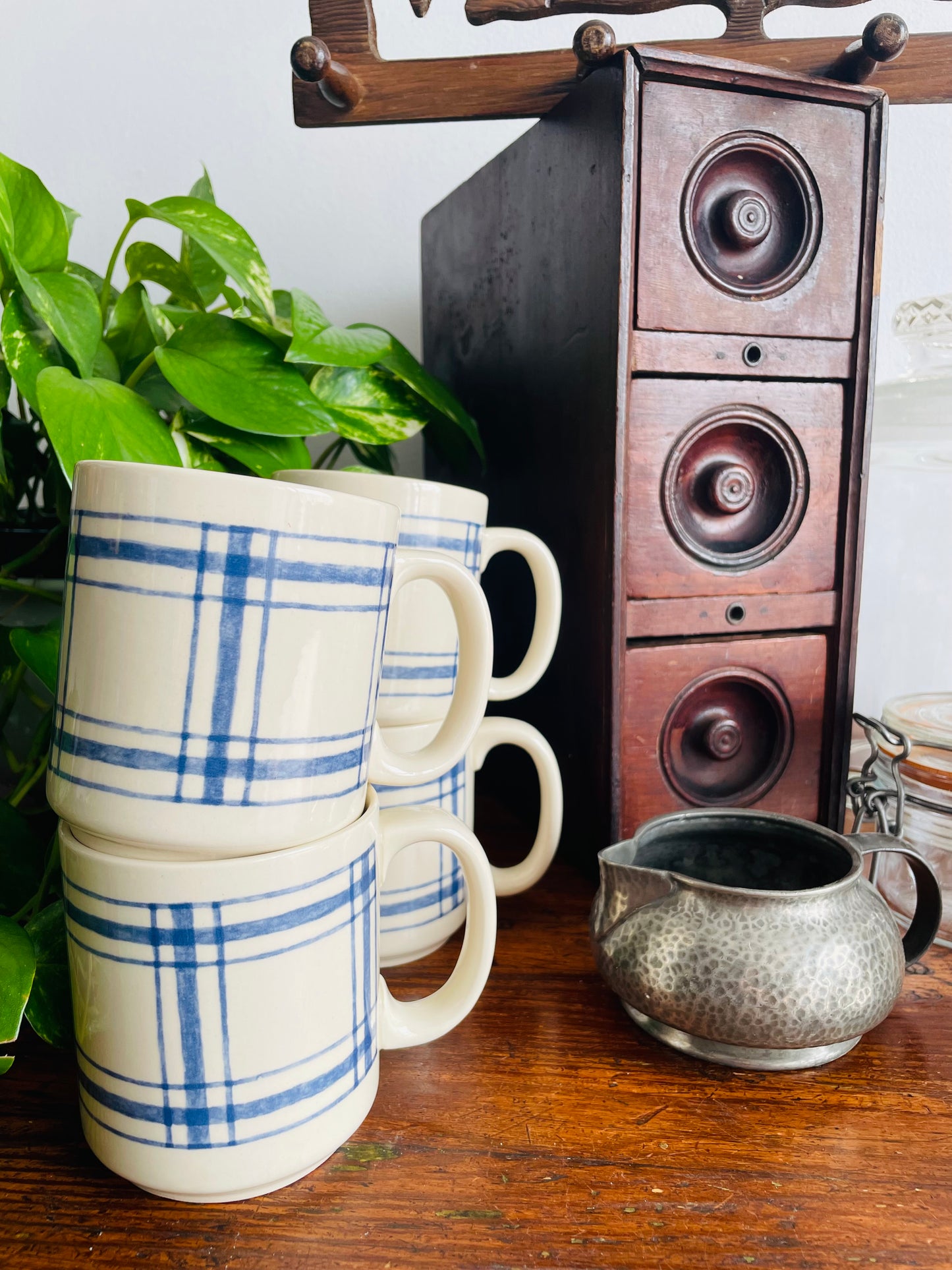 Eaton Home Blue Checkered Tartan Pattern Mugs - Set of 4 - # 2