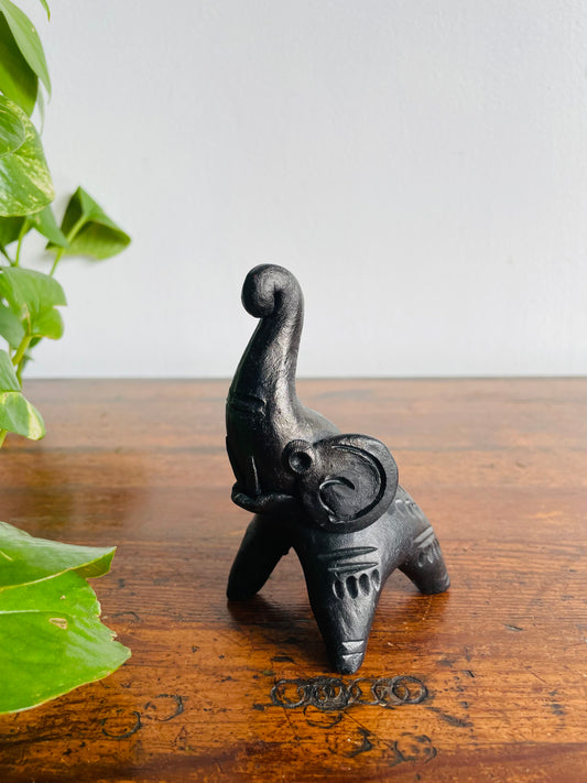 Black Clay Pottery Carved Elephant Figurine