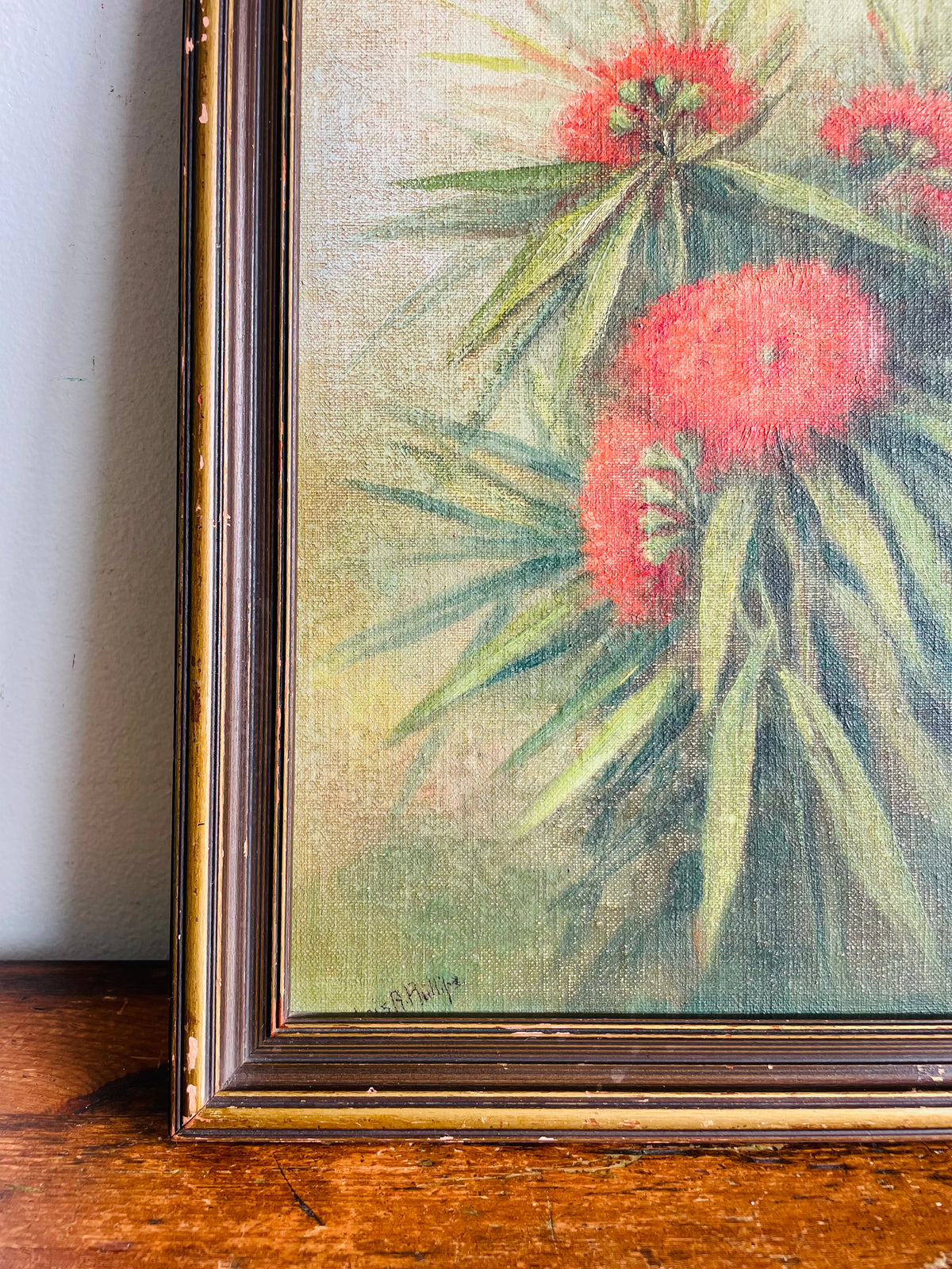Vintage Very Old Original Art Painting of Red Flowers Among Green Foliage in Dark & Moody Colours - Artist Signed