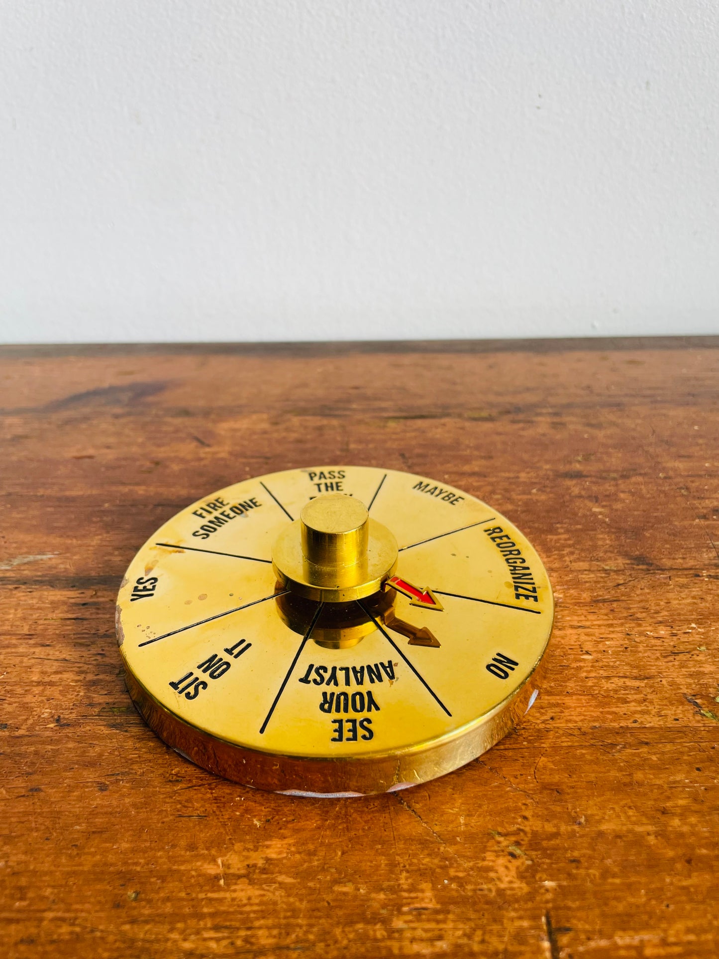 Vintage Brass Executive Decision Maker Desk Toy Paperweight - Made in Hong Kong - Spin the Arrow to Help You Decide!
