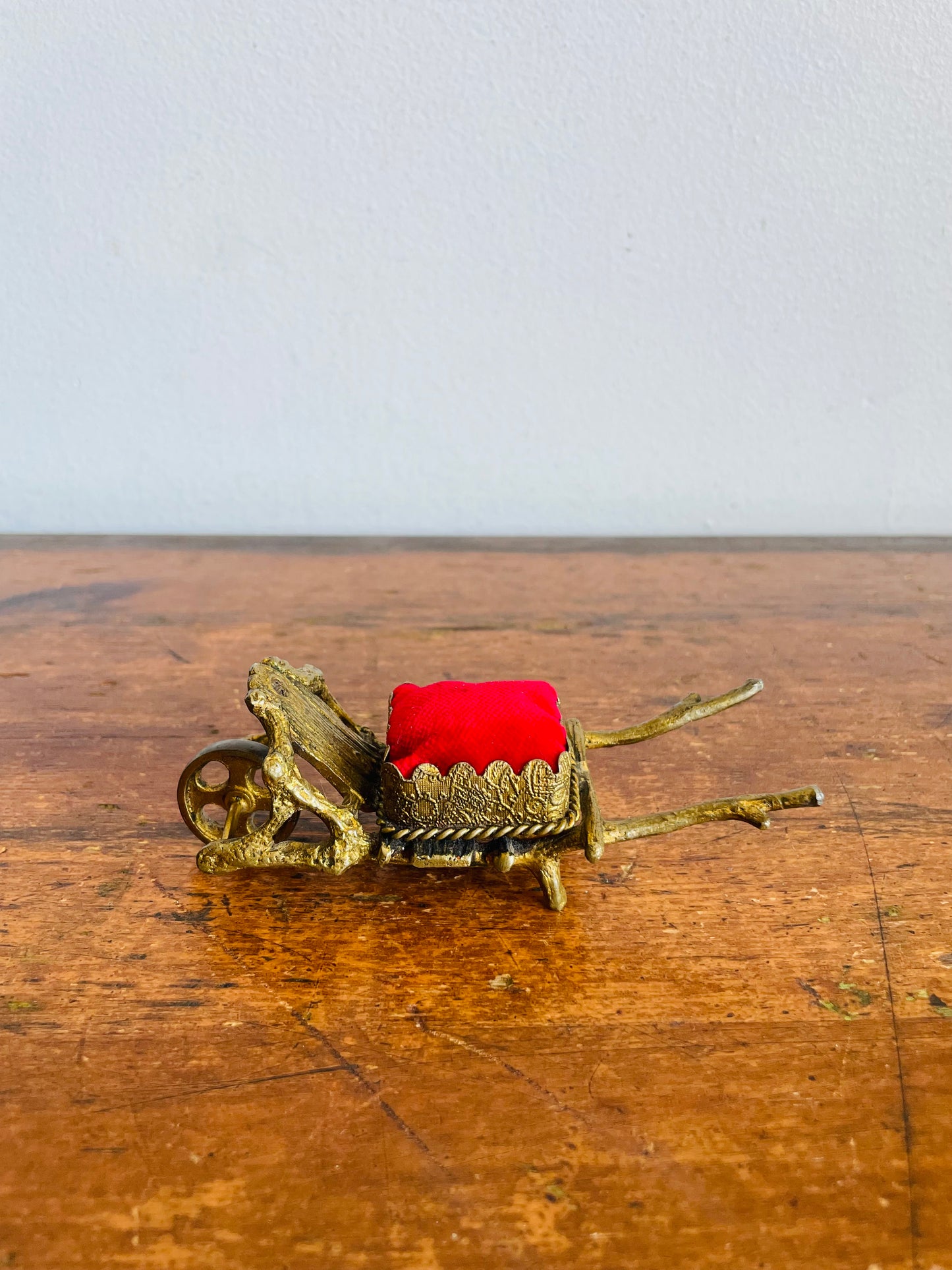Vintage Miniature Brass Wheelbarrow Pin Cushion