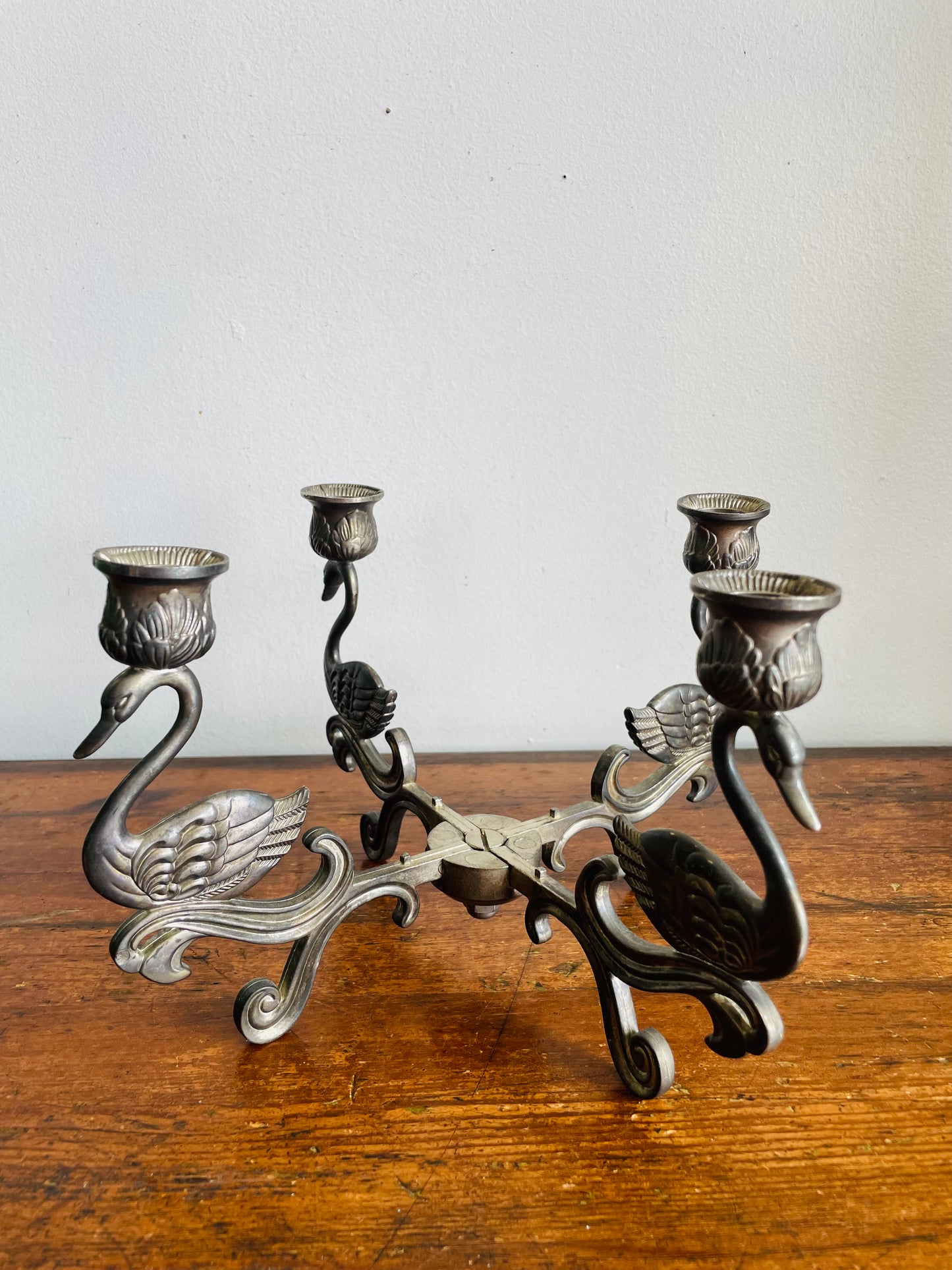 Vintage 1980s Art Deco Style Swimming Swan Birds Silver Plate Candelabra - 4 Point Candle Holder with Centrepiece Bowl Space