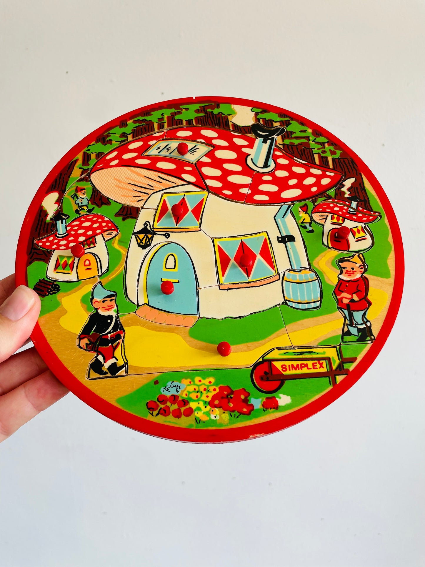 Vintage Simplex Round Wooden Knob Handle Puzzle with Gnome & Mushroom House Design - Made in Holland