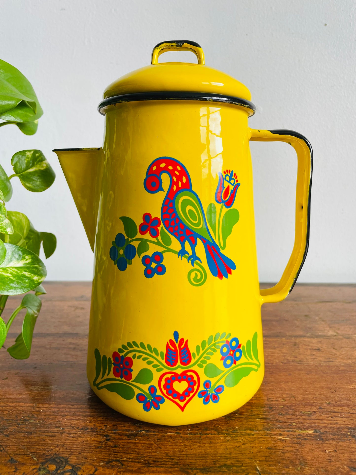 Vintage Bright Yellow Cinsa Enamel Coffee Pot Carafe Pitcher with Colourful Folk Art Bird & Flower Design - Made in Saltillo Mexico