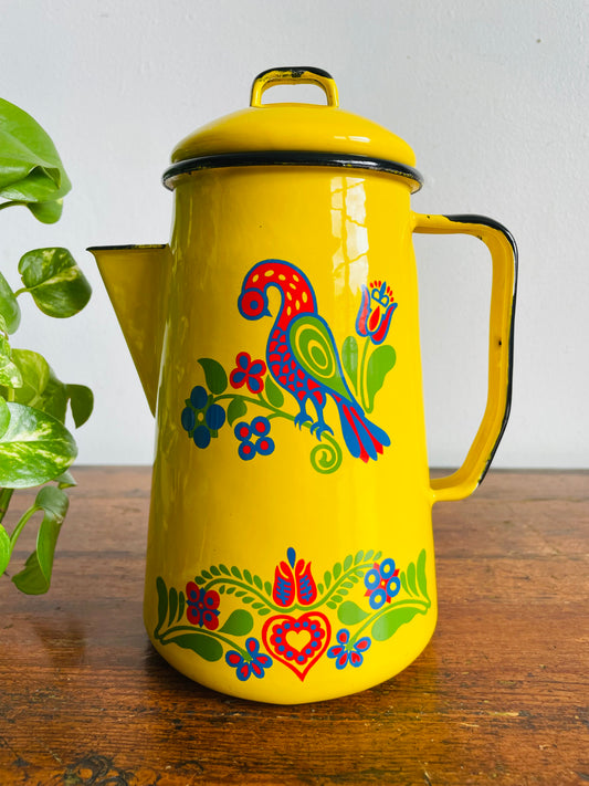 Vintage Bright Yellow Cinsa Enamel Coffee Pot Carafe Pitcher with Colourful Folk Art Bird & Flower Design - Made in Saltillo Mexico