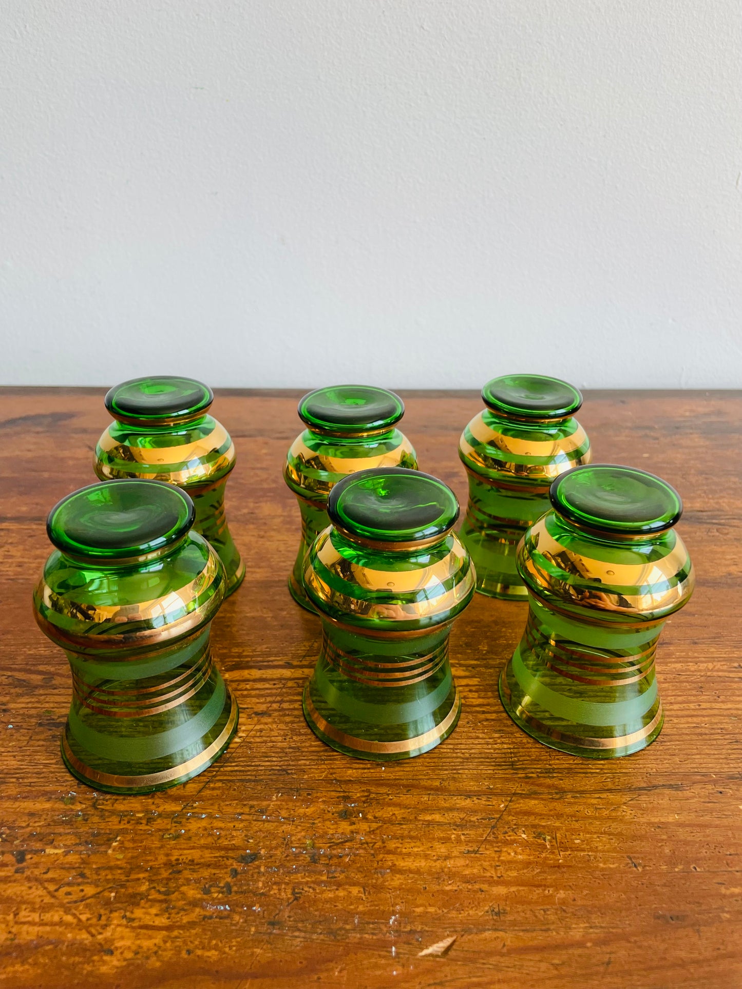 Green Glass with Frosted Bands & Gold Stripes Shot or Cordial Glasses - Set of 6