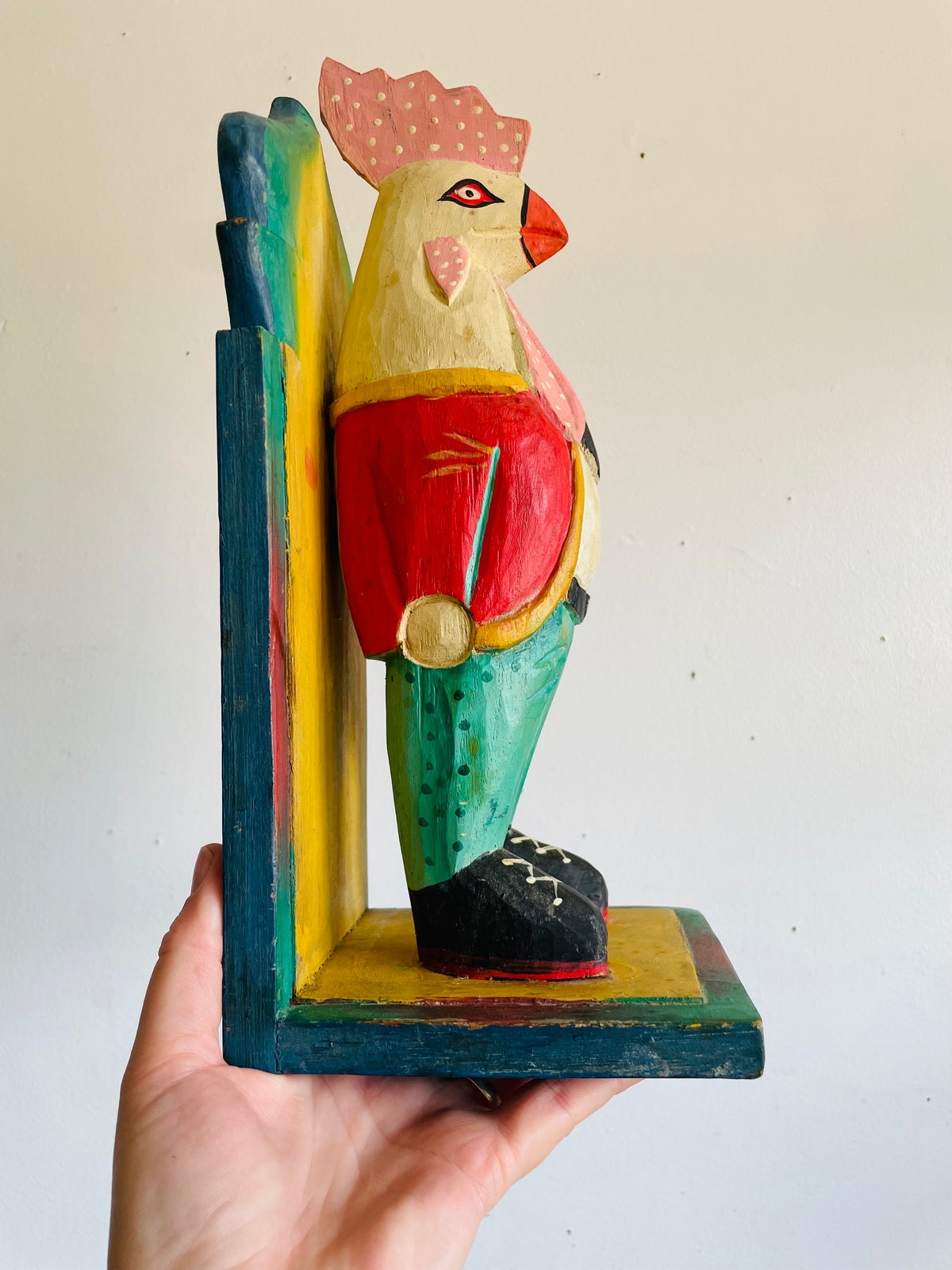 Vintage Bright & Fun Carved Wood Distinguished Gentleman Rooster in Fancy Clothing Giant Bookend or Statue - Whimsical Home Decor