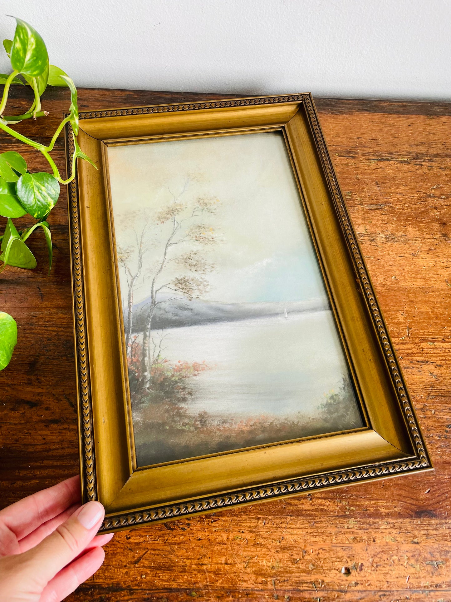 Antique 1922 Original Art Soft Pastel Painting Picture in Gold Frame of Sailboat on Autumn Lake With Mountains - Artist Signed
