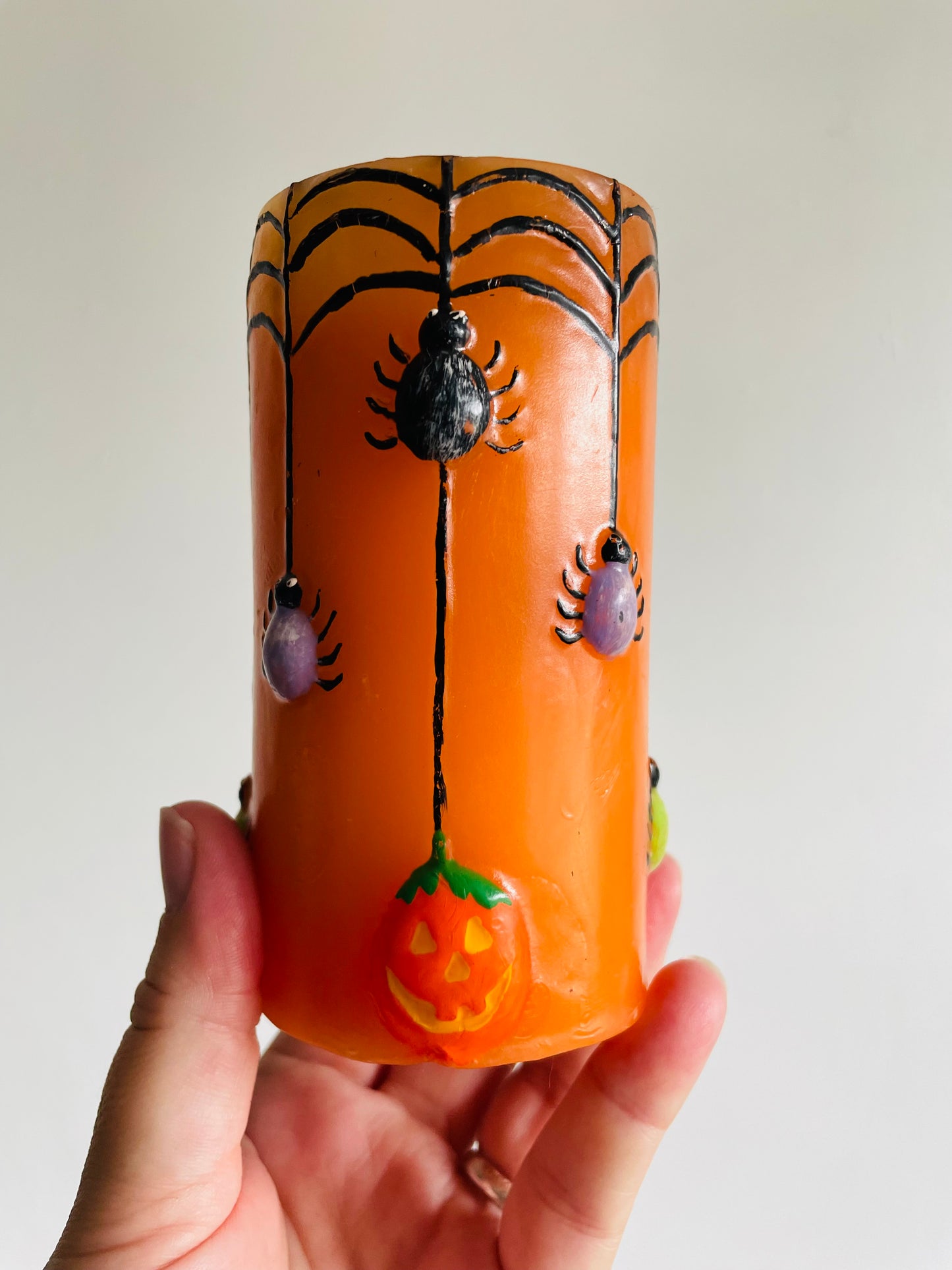 Orange Halloween Candle with Spiders, Web & Jack-o-Lanterns