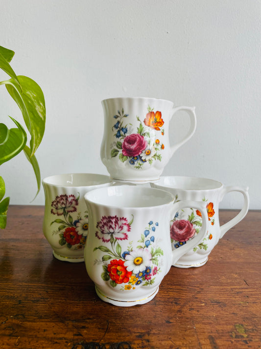 Tienshan Fine Bone China Coffee or Tea Mugs with Beautiful Flower Design - Set of 4 - Made in Taiwan