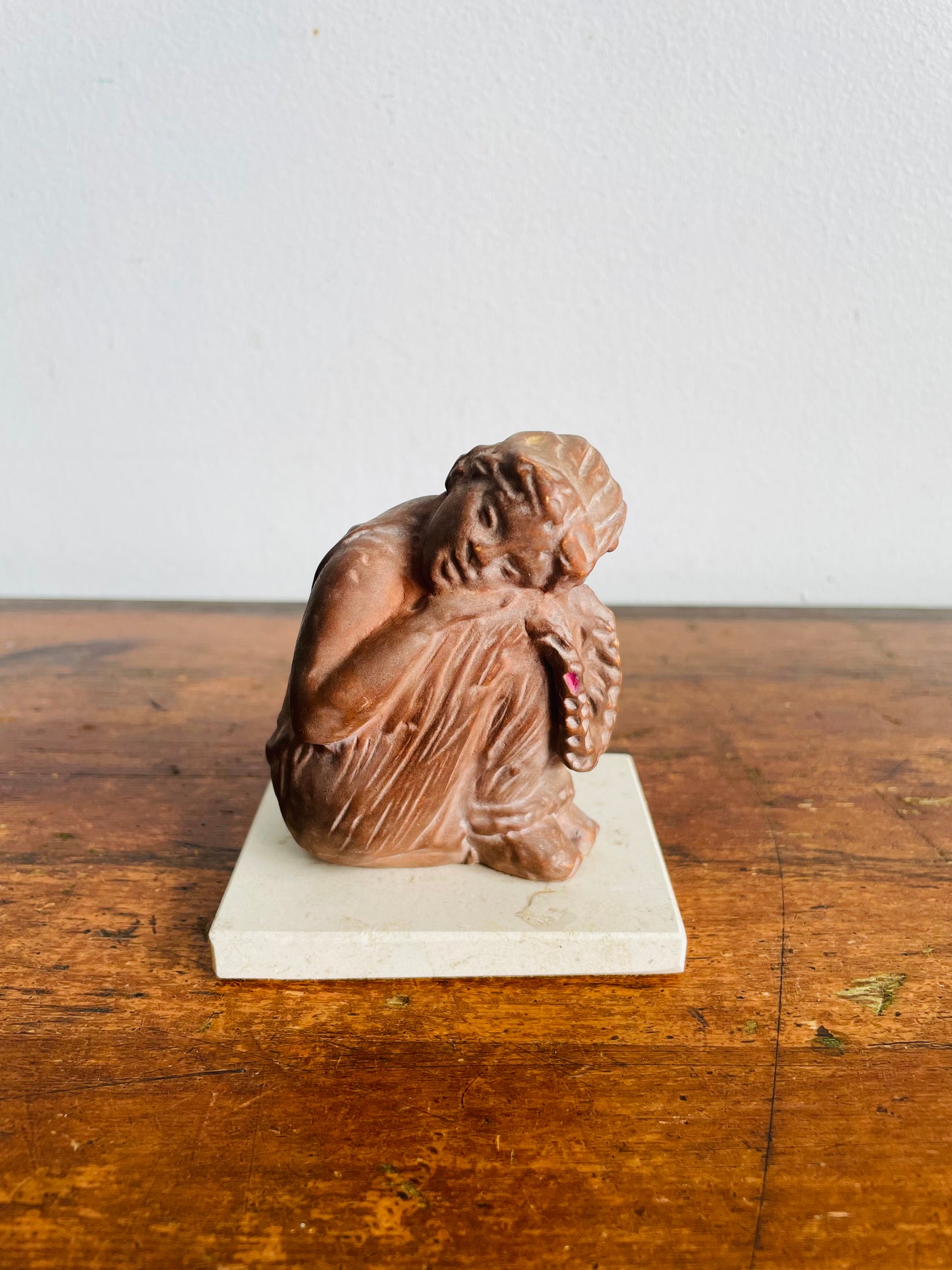 Vintage Tanagra Terracotta Clay Sculpture of Little Sleeping Girl - Greek Statuette - Hand-Patinated Reproduction from Mold Made from Impression of Original Exhibited at the Louvre