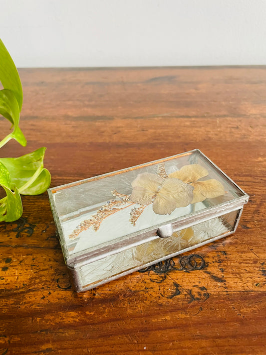 Metal & Glass Mirrored Trinket Jewellery Box with Dried Pressed Flower Lid