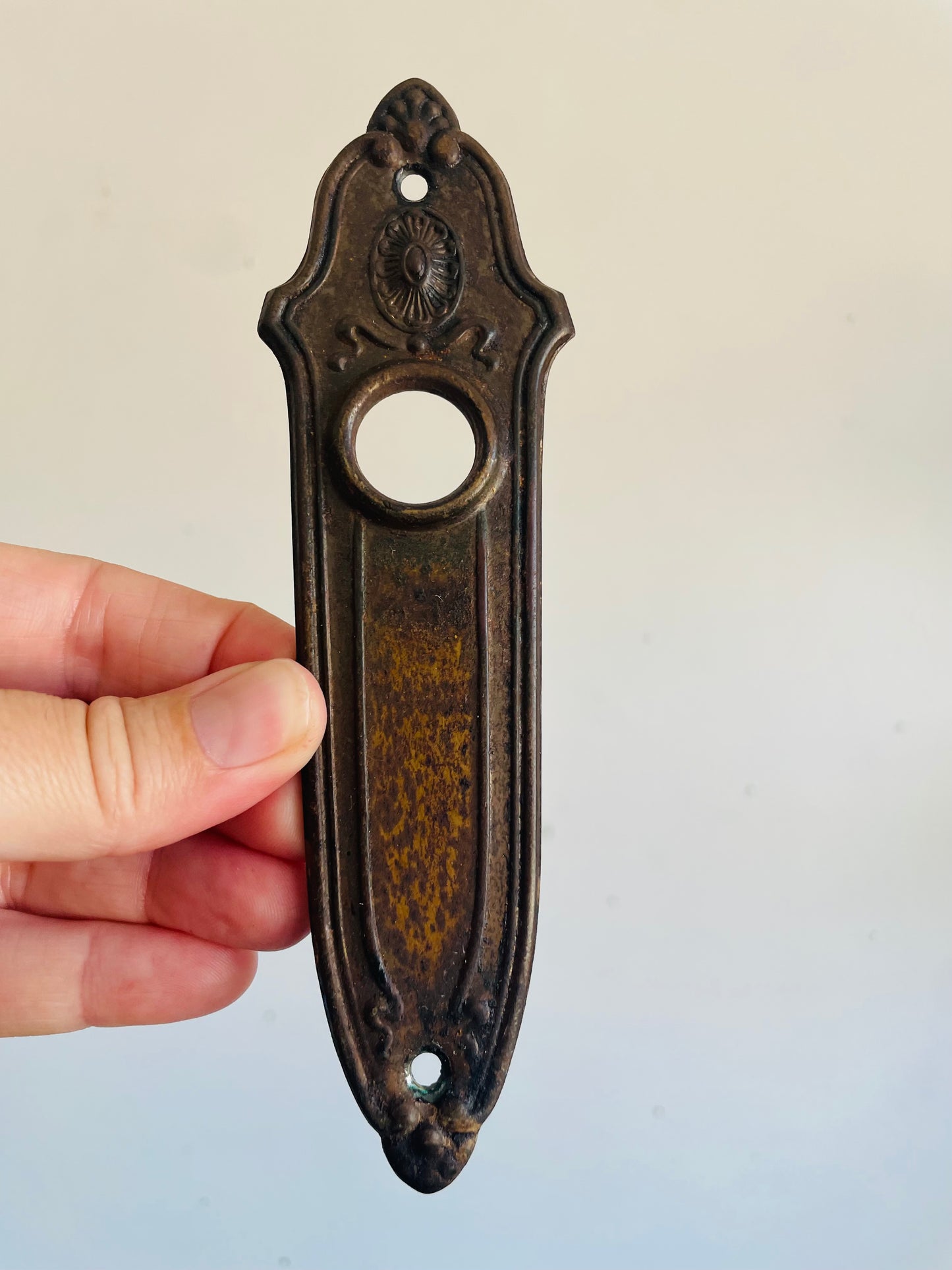 Antique Early 1900s "Landsdowne" Metal Escutcheon Doorplate by Sargent with Darker Patina - Architectural Salvage - As Found