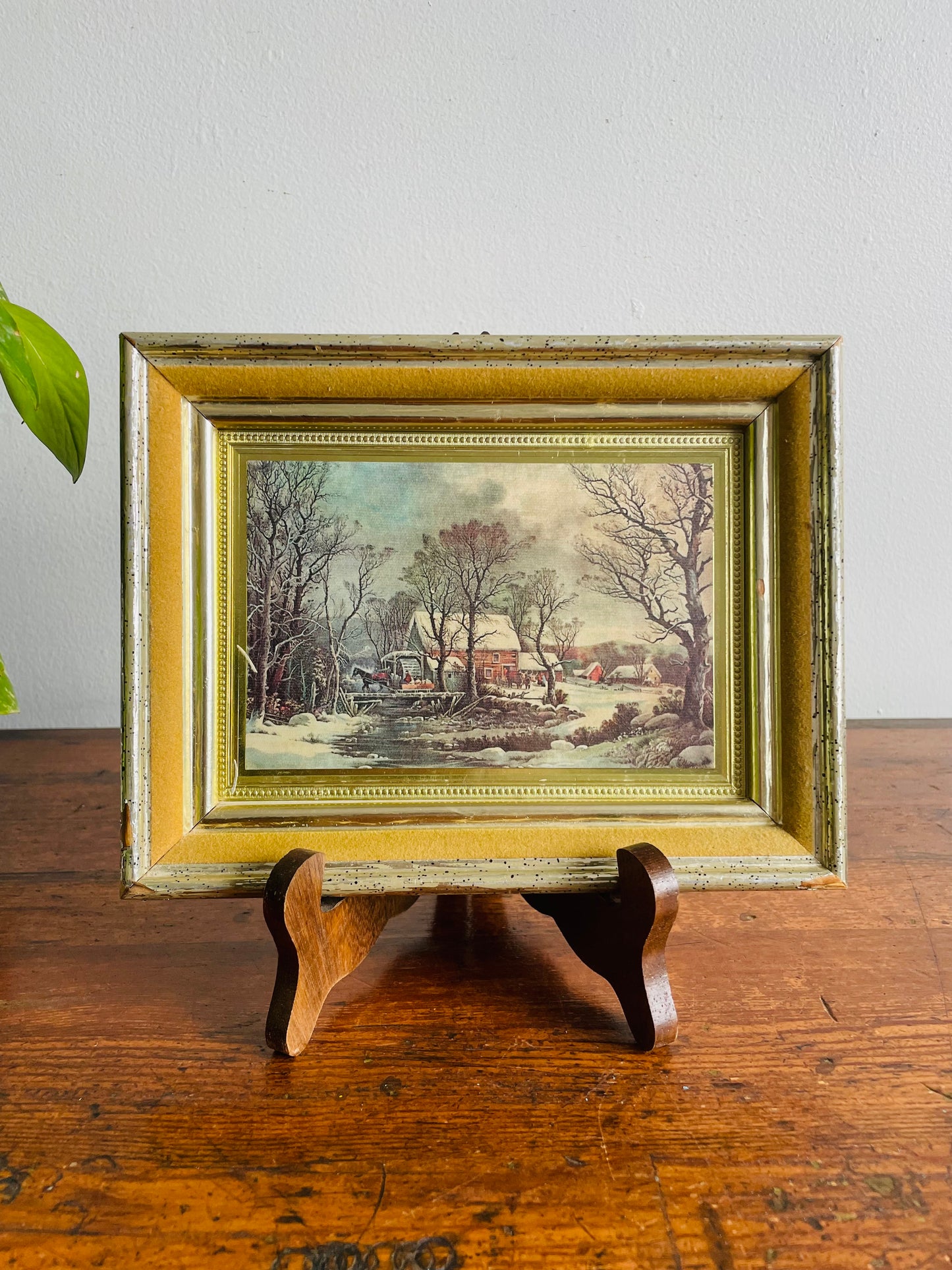 Framed Print of Snowy Farmhouse Scene with Horse Drawn Sleigh Over Bridge