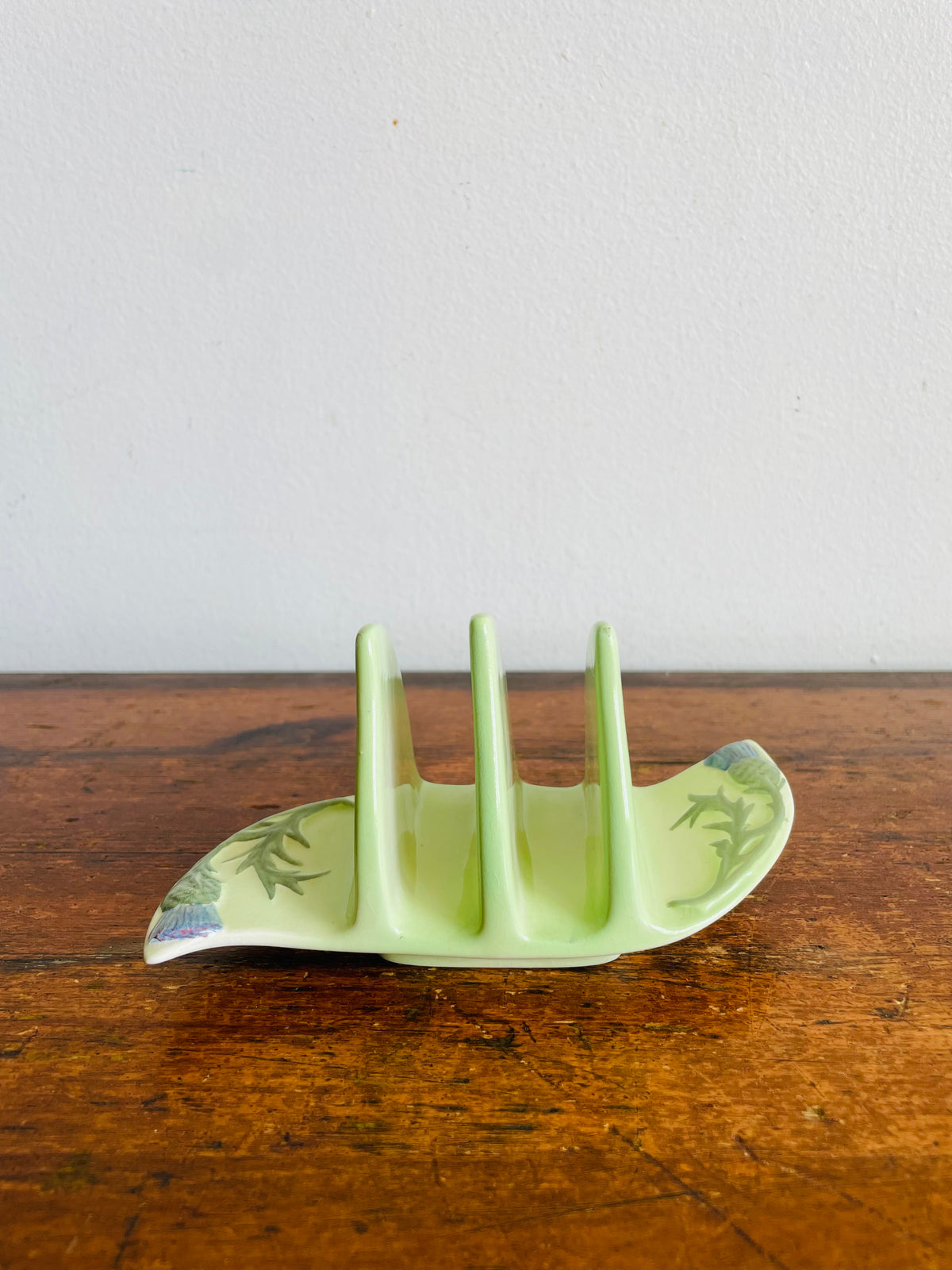 Vintage 1940s Pastel Green Royal Winton Grimwades 2-Slice Toast Rack Holder with Scottish Thistle Flower Design - Made in England - Also Great for Holding Photos, Mail, Postcards, Etc.