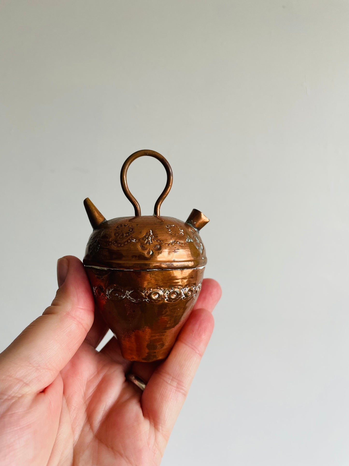 Miniature Copper Drinking Jug Vessel with Etched Design