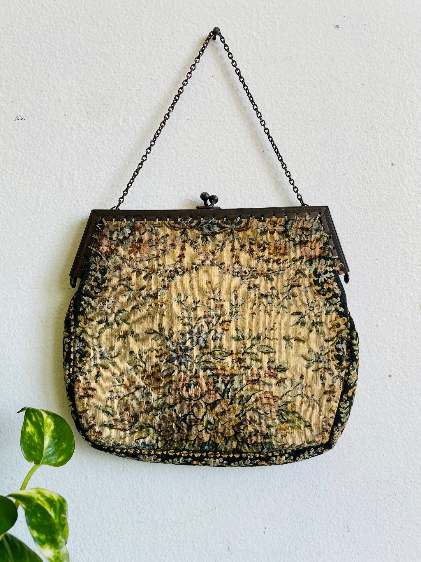 Antique French Floral Tapestry Clutch Purse on Chain - Made in France