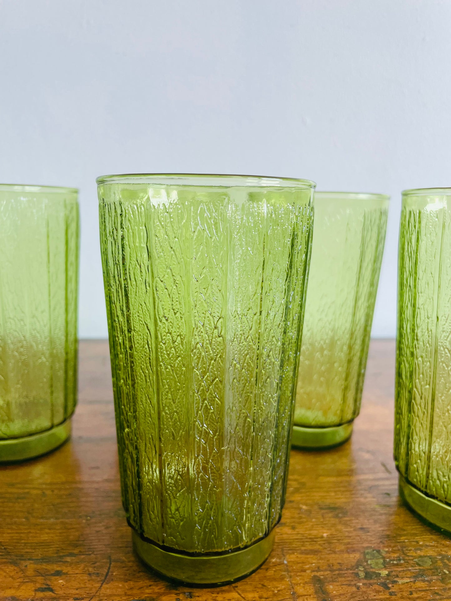 Anchor Hocking Sprucewood Green Reeded Glass Drink Tumblers - Set of 5 Glasses