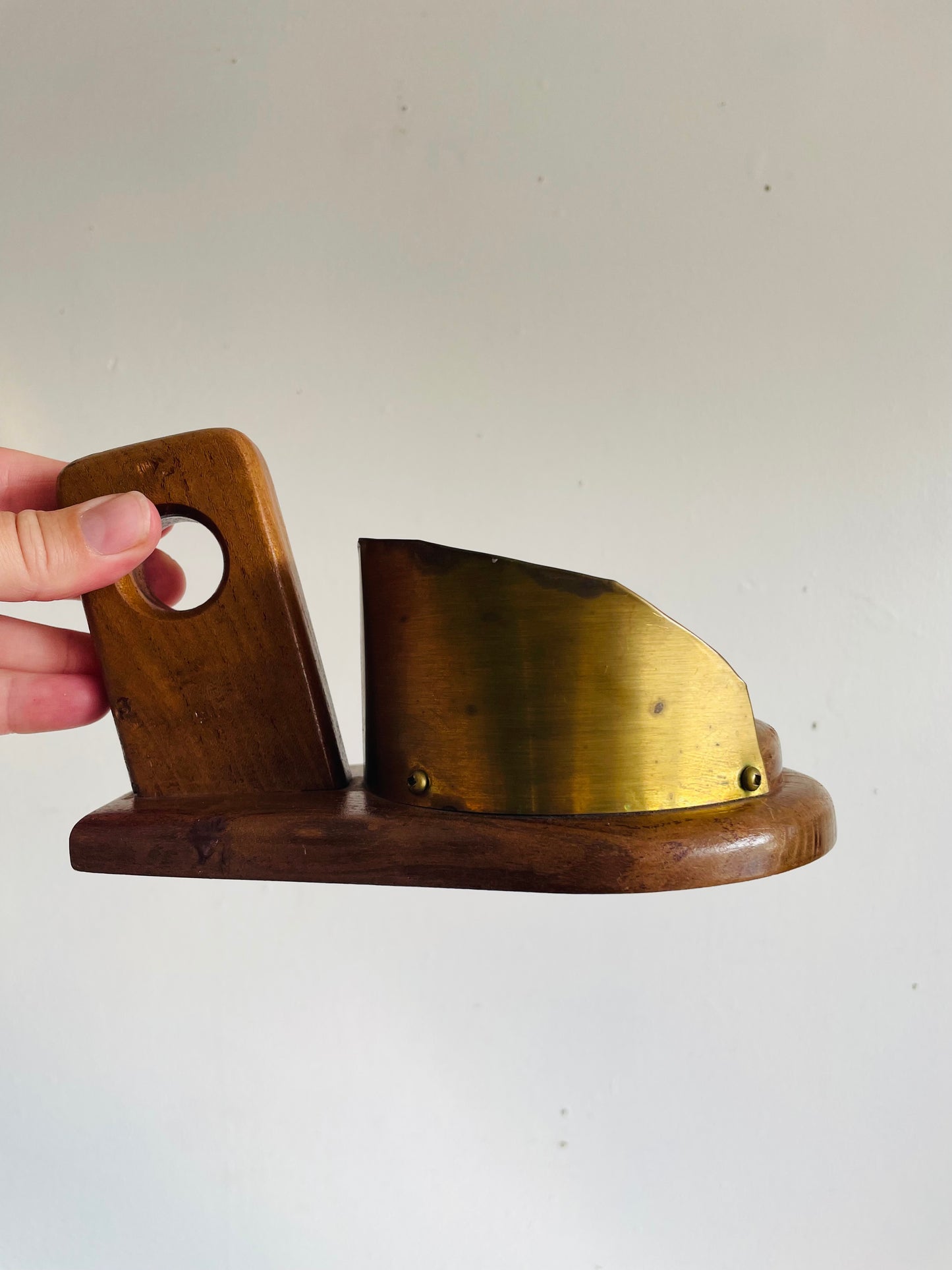 Vintage Brass & Wood Chamberstick Candle Holder Reflector - Pillar Candle or Tealight Candle