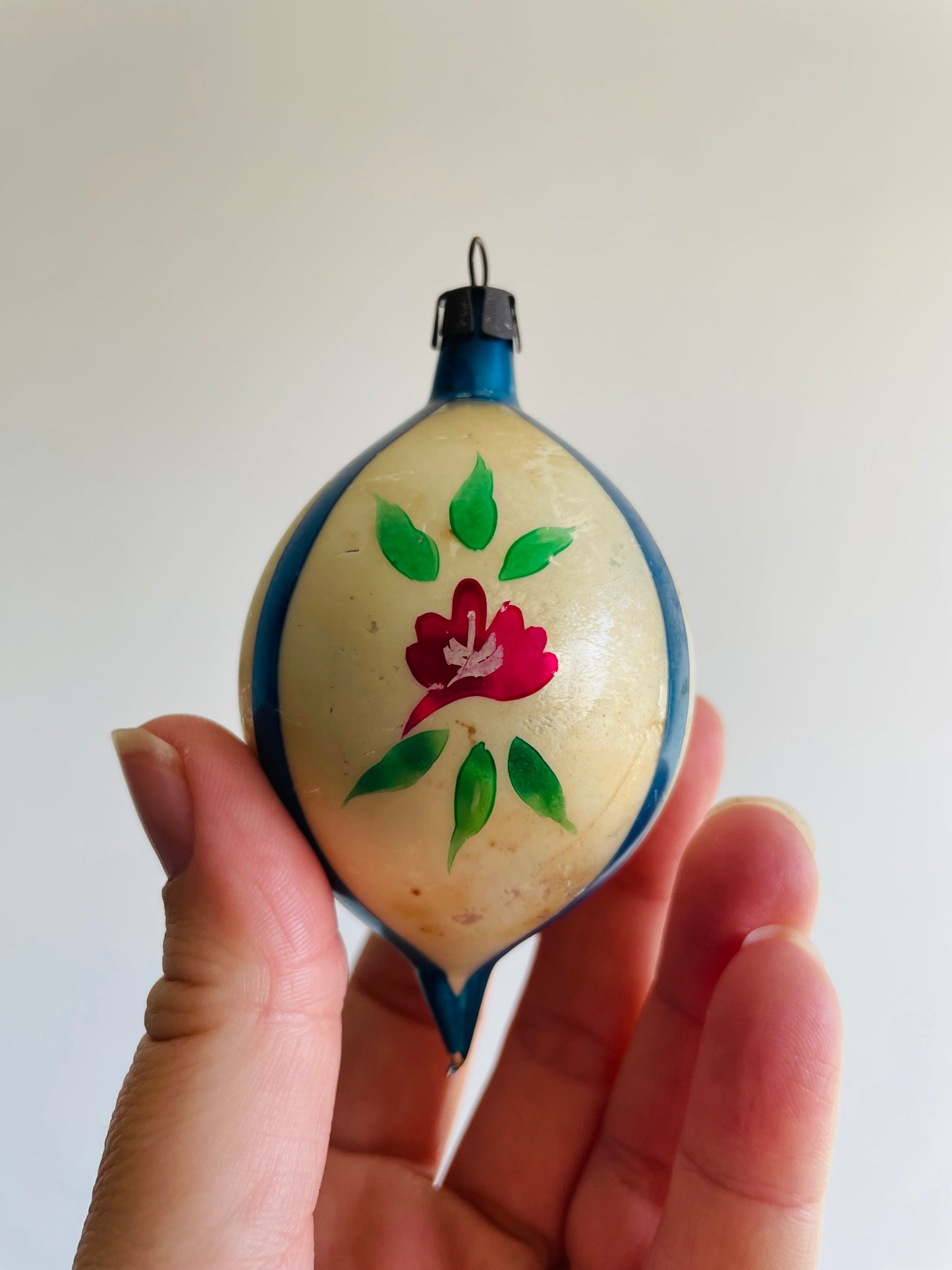 Blue & White Glass Ornament with Flower Design