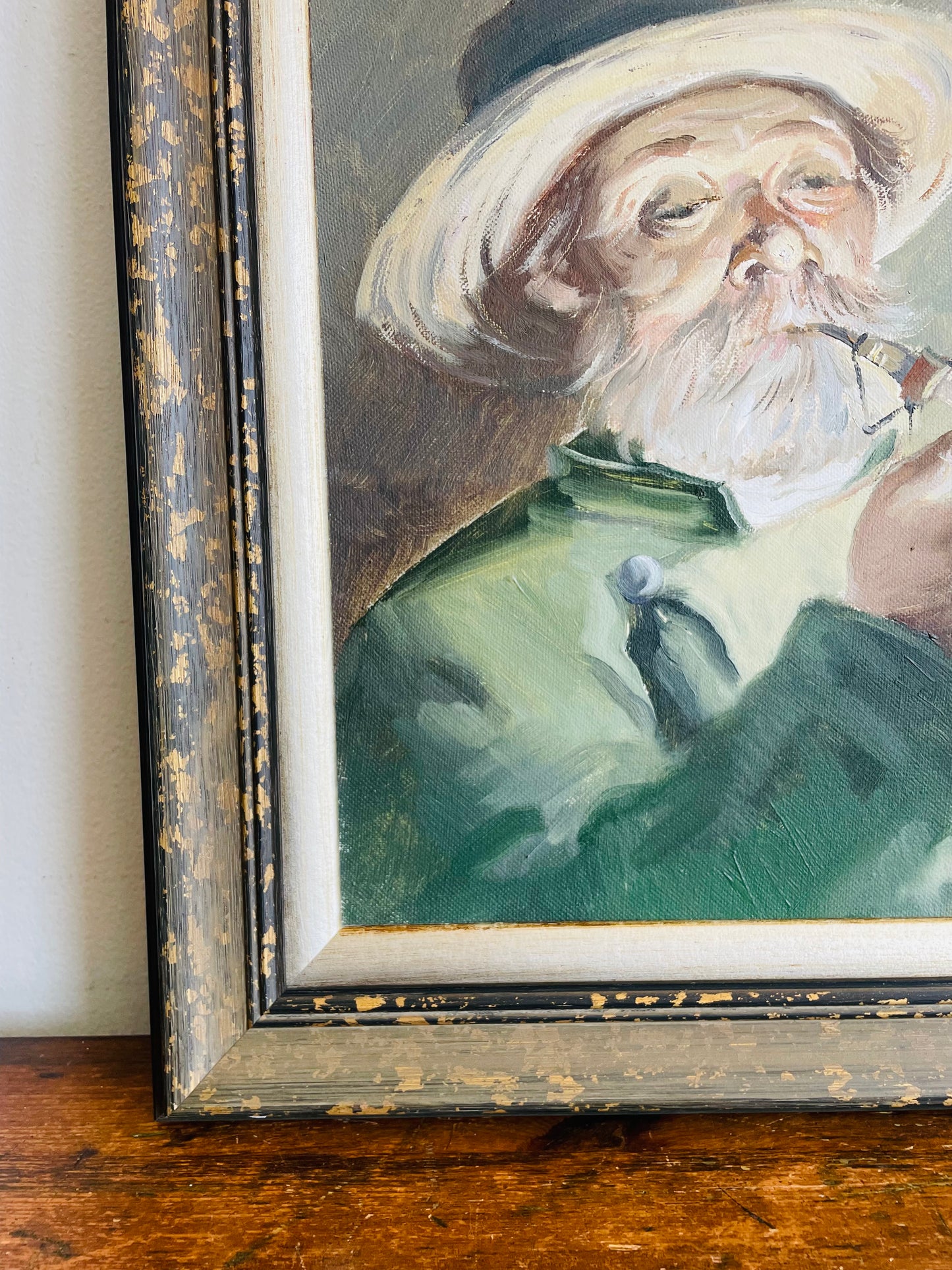 Vintage 2005 Original Art Painting Picture of Old Man Lighting a Pipe - Artist Signed