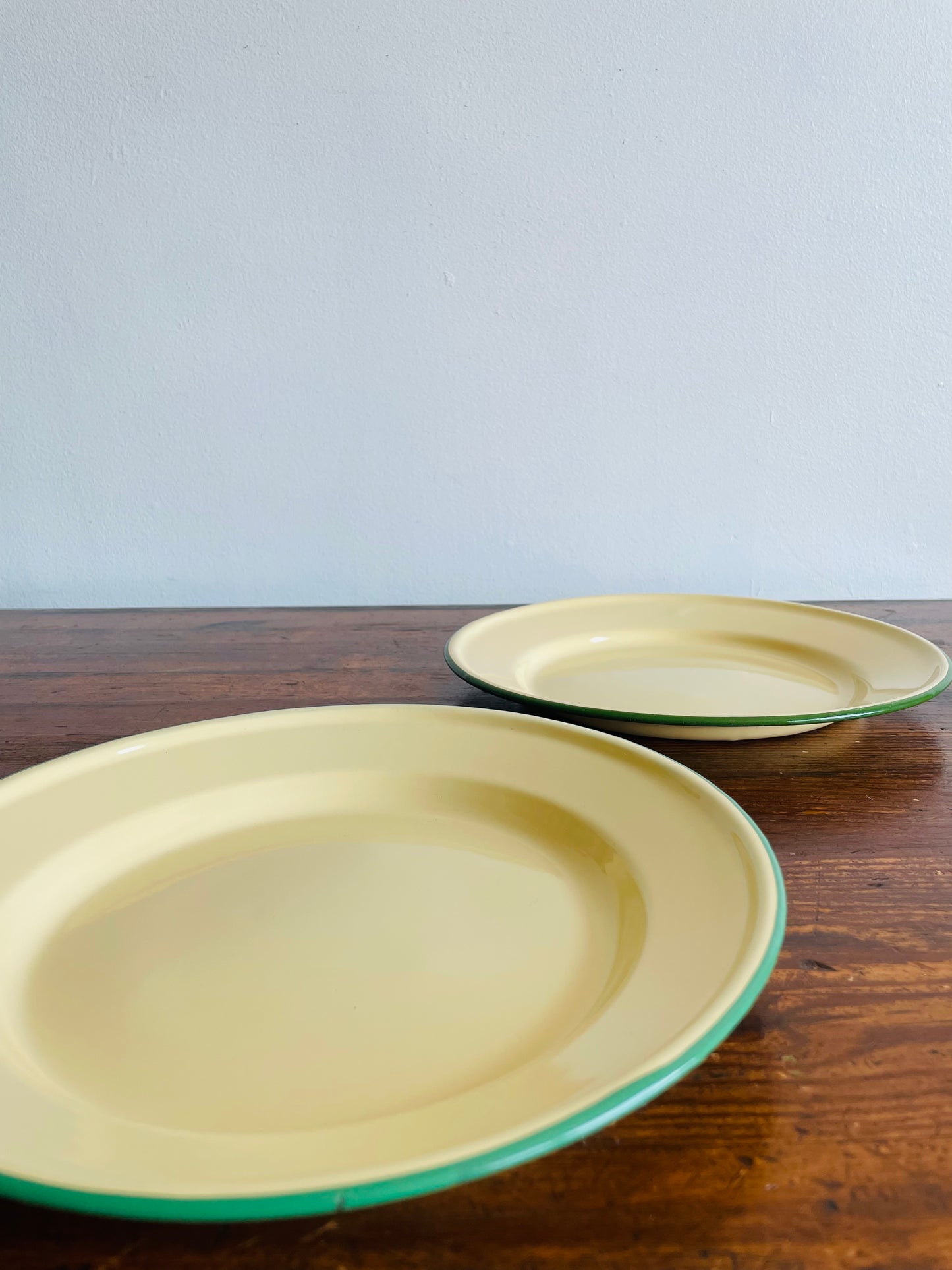 Vintage Goldfish & Peacock Brand Enamelware Plates - Pale Yellow with Green Rims - Set of 2