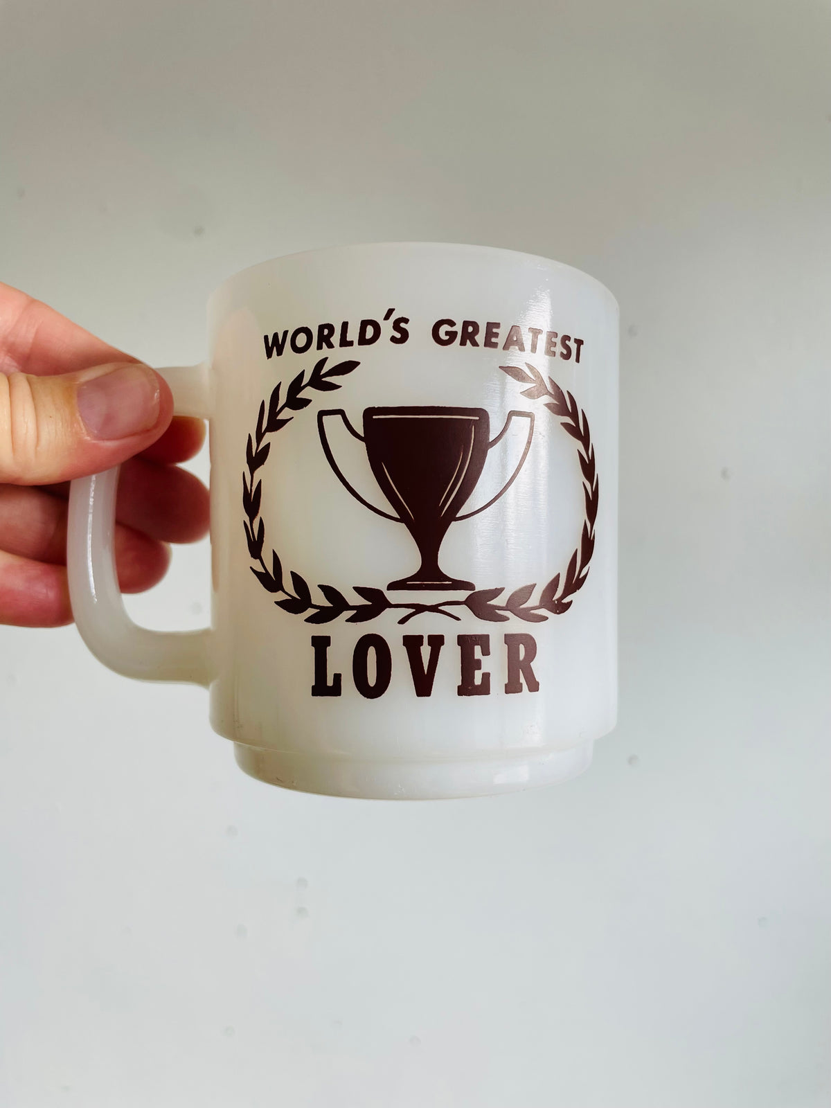 Vintage 1979 World's Greatest Lover Glasbake Milk Glass Mug