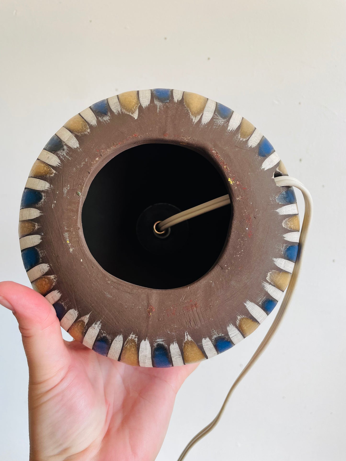 Vintage Mid-Century Modern Style Clay Pottery Lamp with Blue, Tan & Cream Lines Design - Tested / Works!