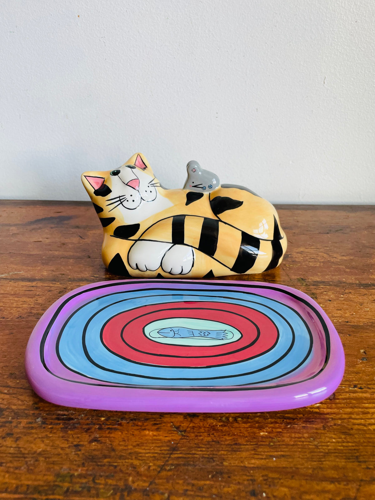 Vintage 2002 Bright & Fun Catzilla Striped Orange Cat & Mouse Butter Dish - Candace Reiter Designs - Whimsical Home Decor